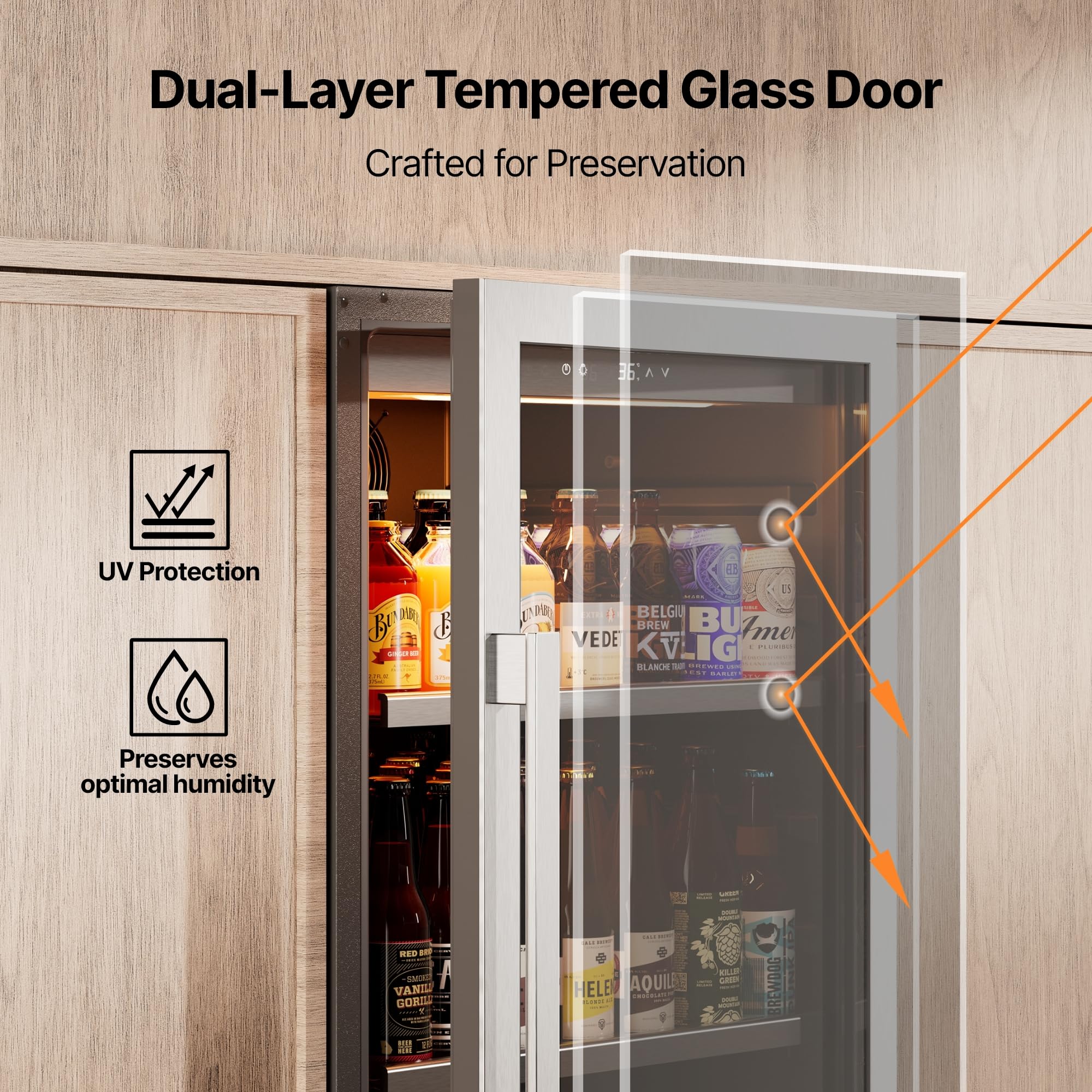 Ca'Lefort 24 Inch Beverage Refrigerator, 238 Cans Tall Beverage Fridge With Glass Door, 34-54°F Drink Fridge With 3 LED For Bar/Kitchen/Office, Freestanding Or Built-In Beer Cooler For Beer/Soda/Wine on Fridge.com - View 5