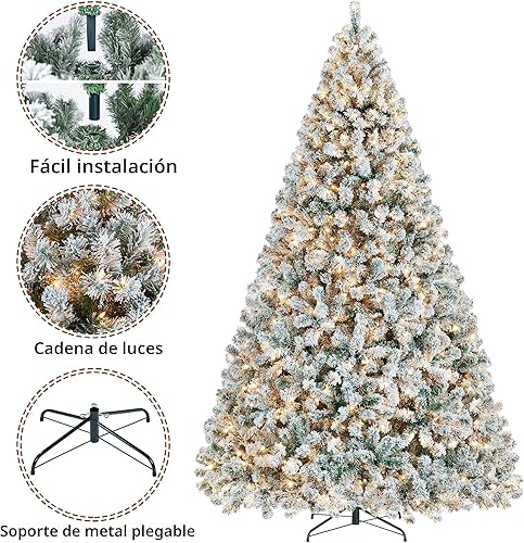 Vista 6 de Yaheetech - Árbol artificial de Navidad con luces incandescentes de color blanco cálido, con flecos nevados, 2084 ramas, 900 luces y soporte Verde