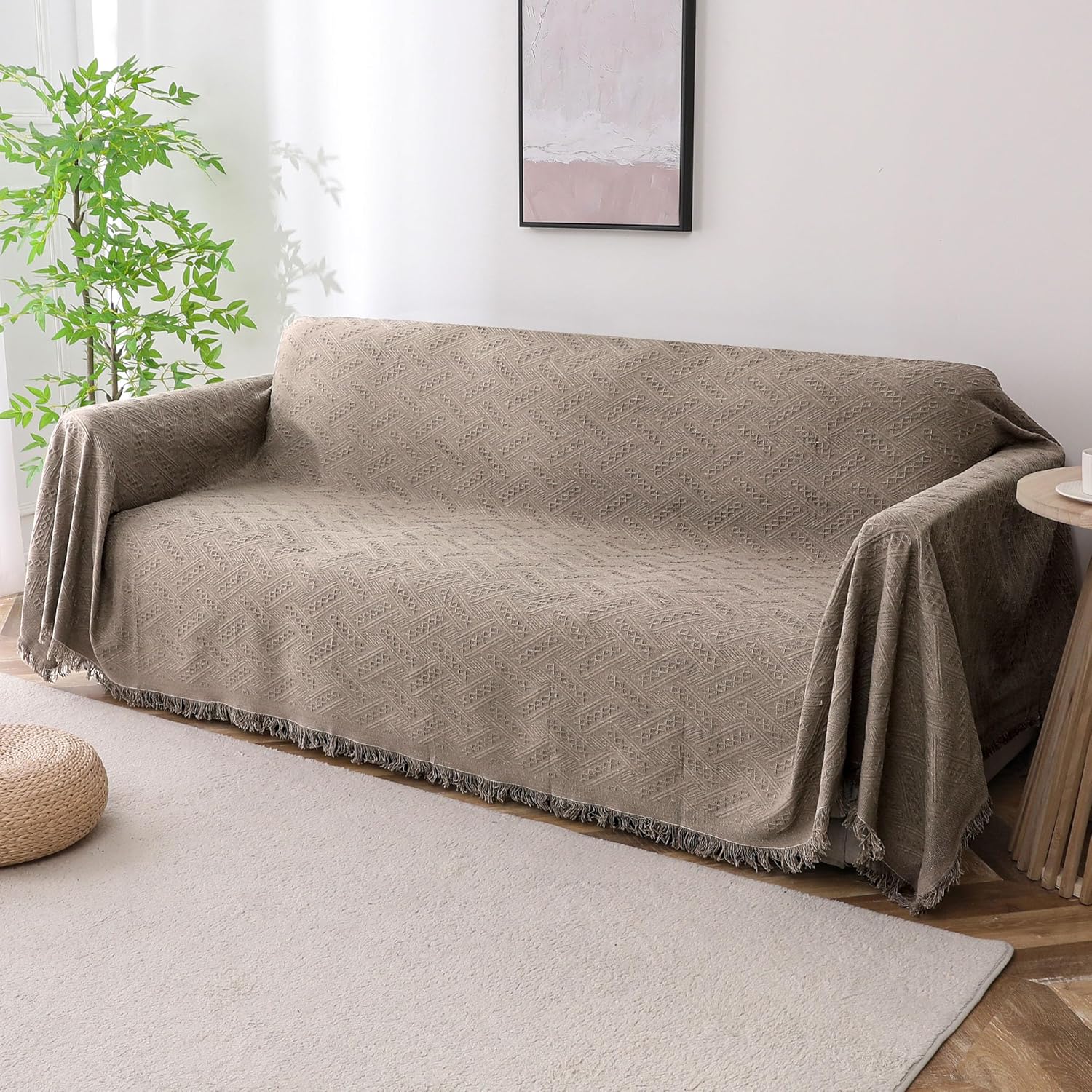 Turquoize Couch Cover Sofa Covers Washable Couch Covers for 3 Cushion Couch Throw Cover Sectional Couch Cover Furniture Cover for Pets Feature Geometrical Jacquard Fabric (91"x 134",XX-Large, Sand)