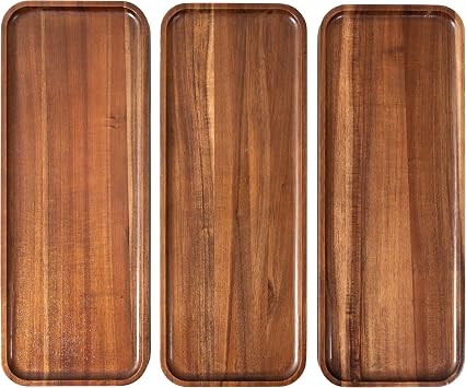 Large Solid Acacia Wood Serving Trays 17 x 6.5 inches Rectangular Wooden Serving Platters for Home Decor, Food, Vegetables, Fruit, Charcuterie, Appetizer Serving Tray, Cheese Board Set of 3 Plates