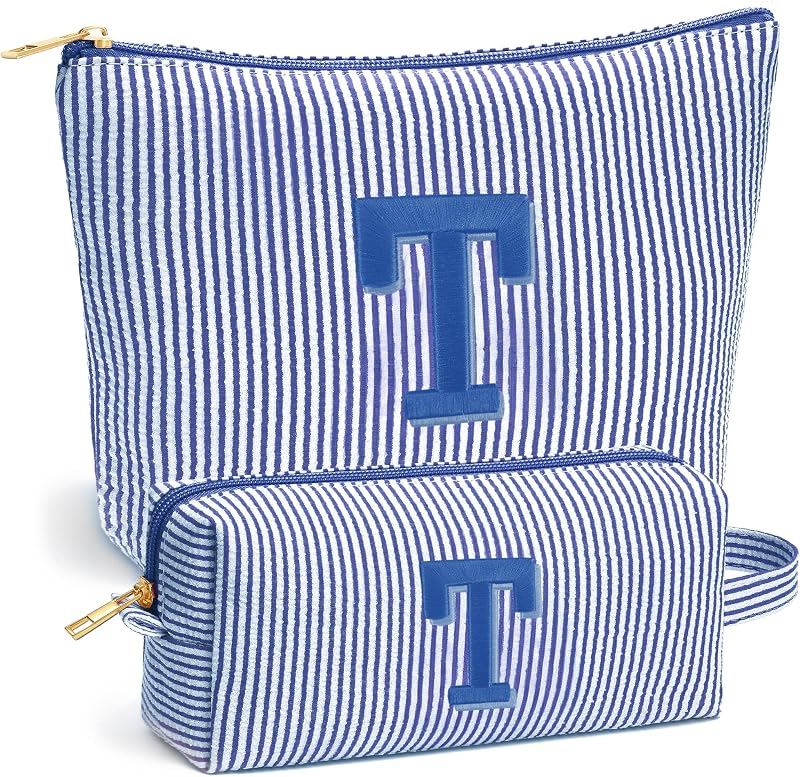Necessaire de maquiagem Fohufo com inicial T, azul, conjunto com 2