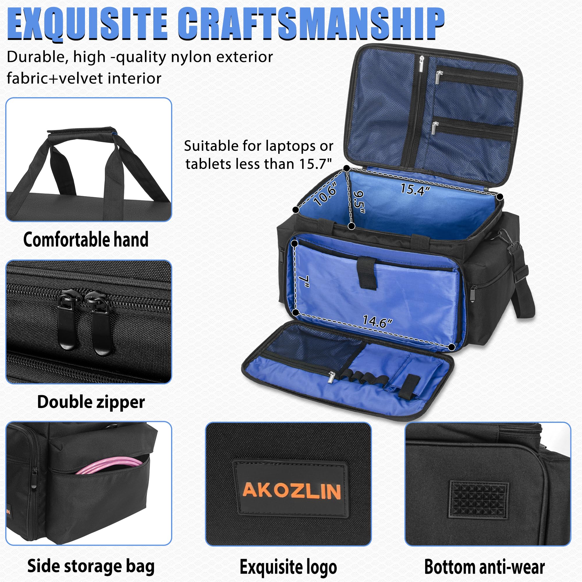 AKOZLIN Borsa per file da DJ con divisori staccabili e tasche inferiori per cavi per musicisti, borsa da viaggio per laptop da 15", attrezzatura professionale per DJ, strumenti audio e accessori per