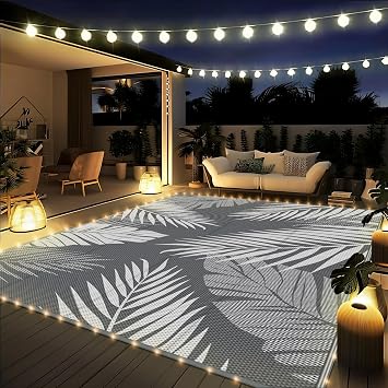 GENIMO Outdoor Rug 9 x 12 Waterproof for Patios Clearance, Reversible Outdoor Plastic Straw Camping Rug Carpet with LED String Light, Area Rugs Mats for RV, Camper, Deck, Balcony, Porch, Grey&White