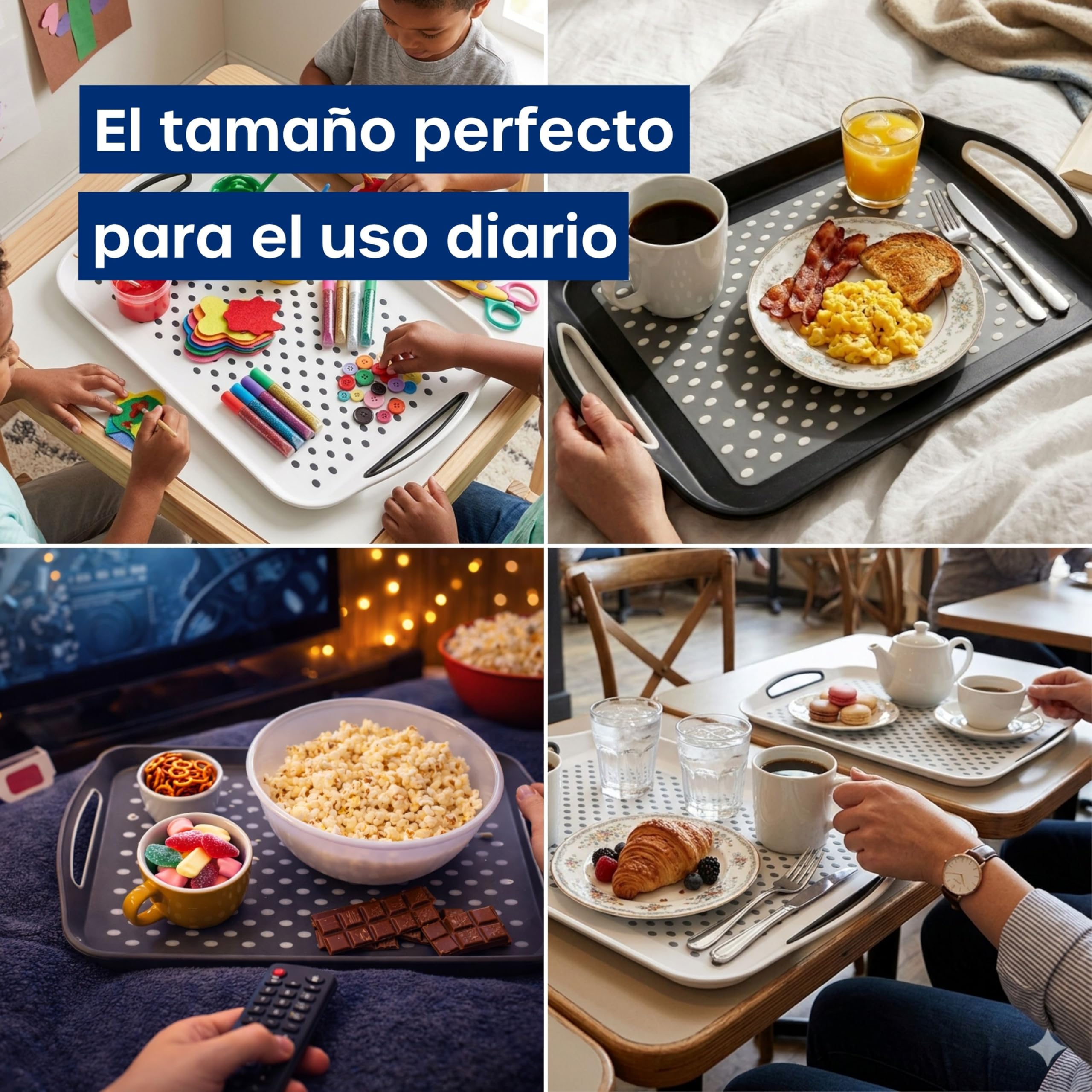 volila Bandeja antideslizante de plástico antideslizante para comer con asa (41 x 29 x 4,5 cm) - Bandejas de comida para comer, té o café, color blanco