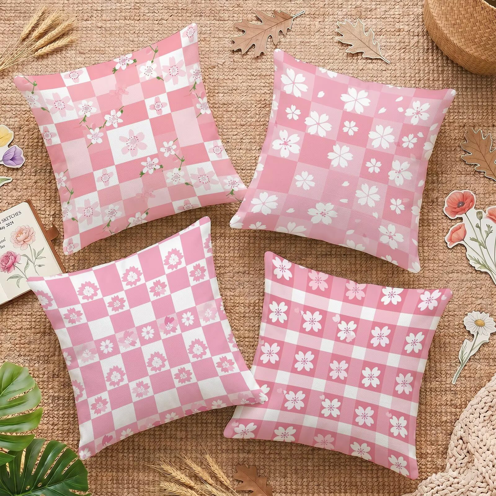 Housses de coussin 65x65 cm en velours rose fleur lot de 4 - C-O114