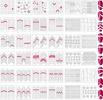 1275 Pieces 49 Patterns Designs Nail Art Stencils French TIp Guides, Self-Adhesive Manicure Art Stickers Form Fringe Guides Vinyl, 36 Sheets