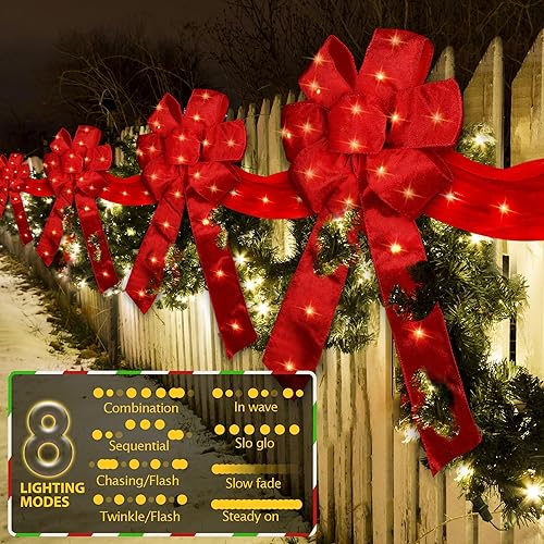 Miniatura 2 de Enhon Paquete de 4 cintas de Navidad iluminadas y lazos para decoración de vallas, 13 pies de largo 20 x 11 pulgadas, guirnalda de lazos de Navidad