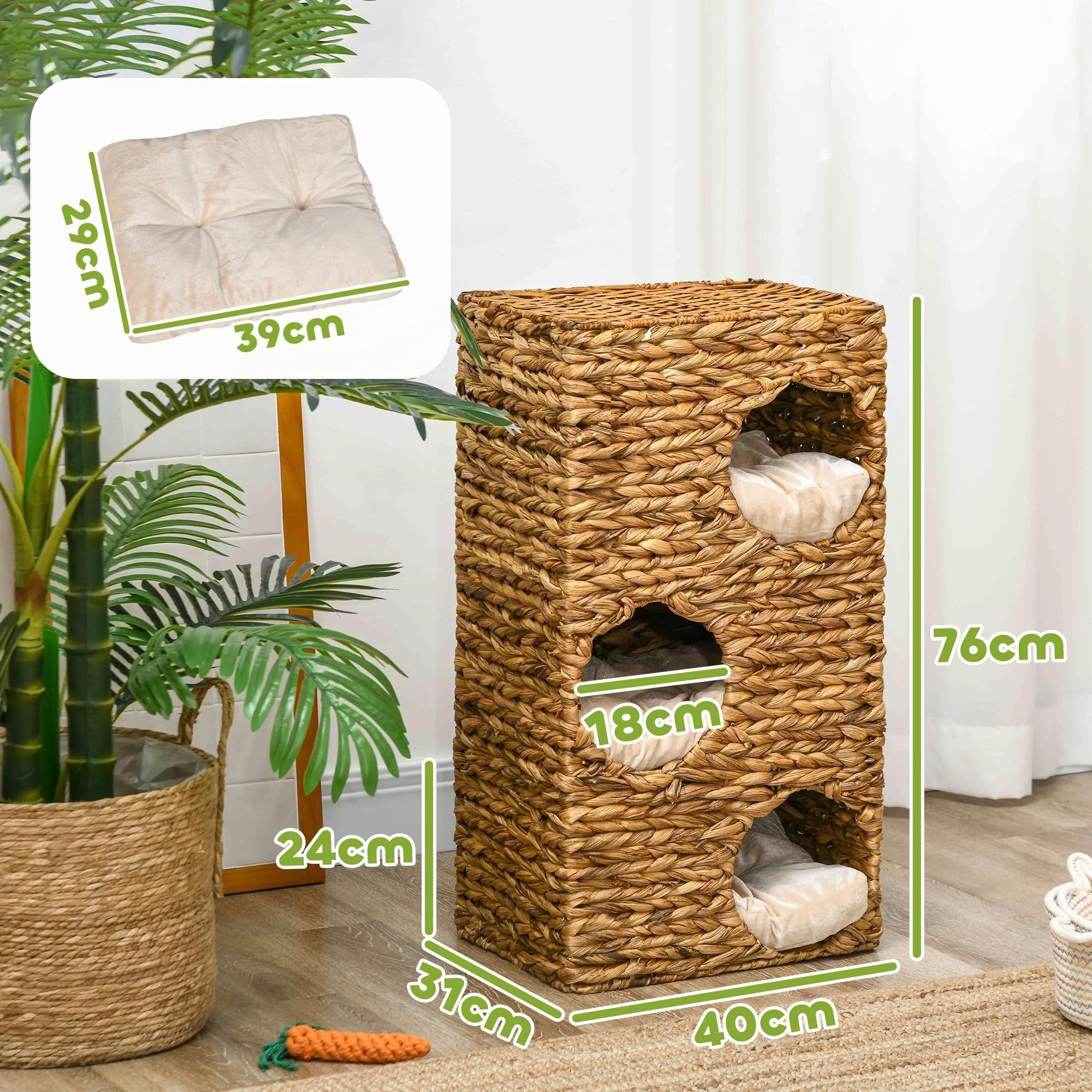 PawHut barril rascador, barril para gatos de 76 cm de altura con 3 cuevas, cojines lavables, poste rascador, torre para gatos hecha de jacinto de agua, marrón claro