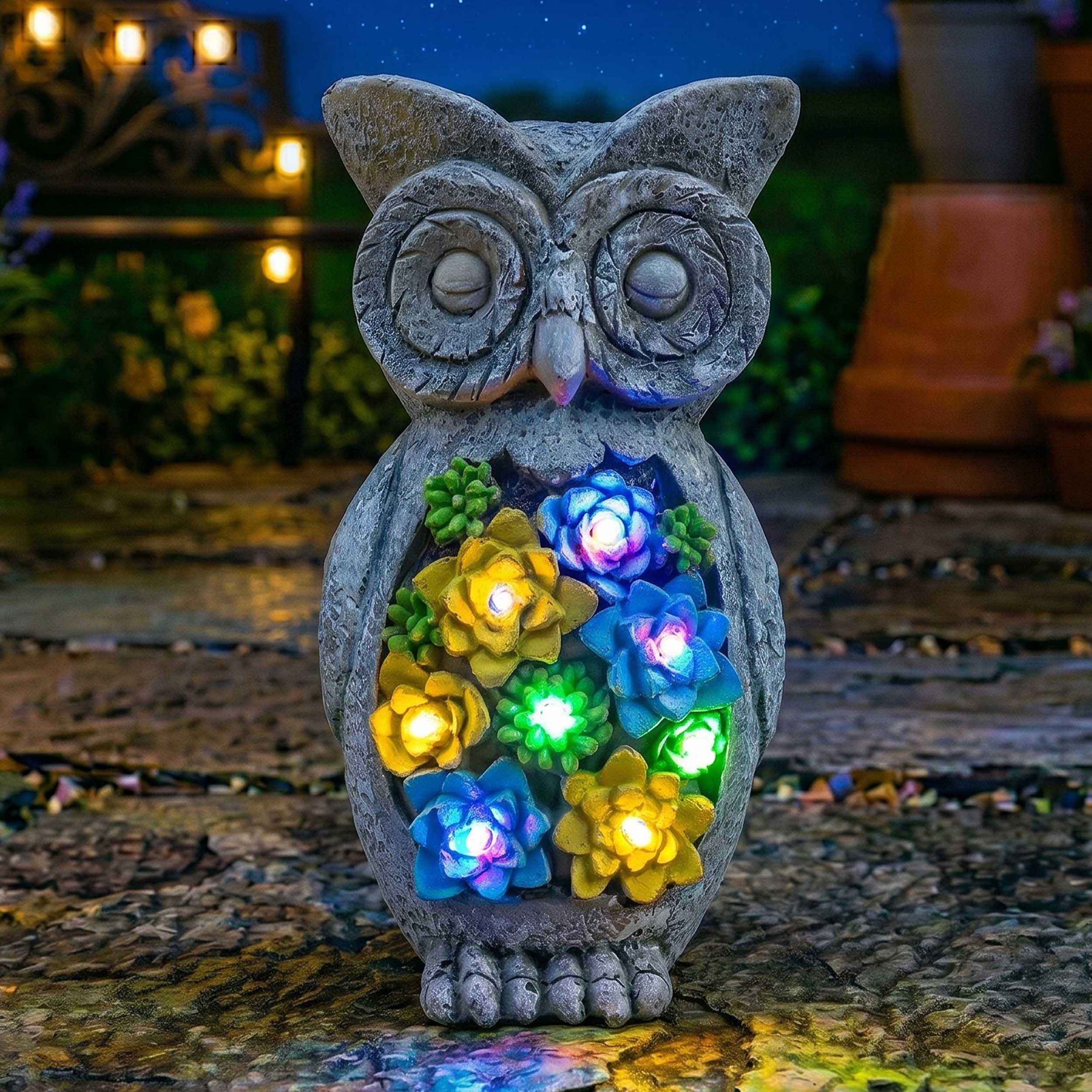 Solar Owl Garden Ornament with Lights – Pack of 1 - 23cm/9 inch Outdoor Owl Statue with Succulent Plant & LED Lights, Decorative Figurine for Patio, Balcony, Yard, Lawn – Unique Housewarming Gift — image 1