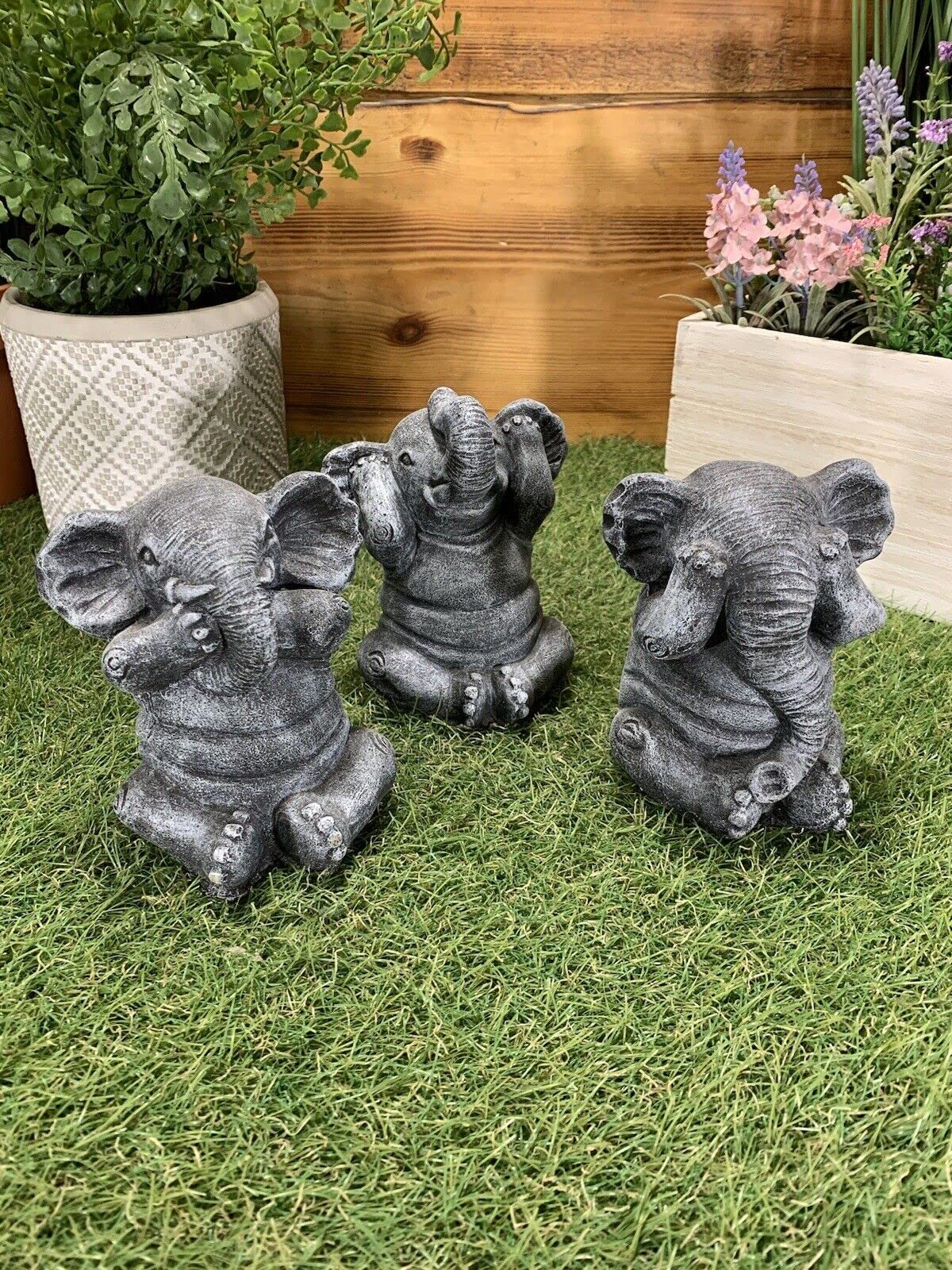 J and L Stone Ornaments GARDEN SET OF 3 WISE CHEEKY ELEPHANT SEE HEAR SPEAK NO EVIL ORNAMENT
