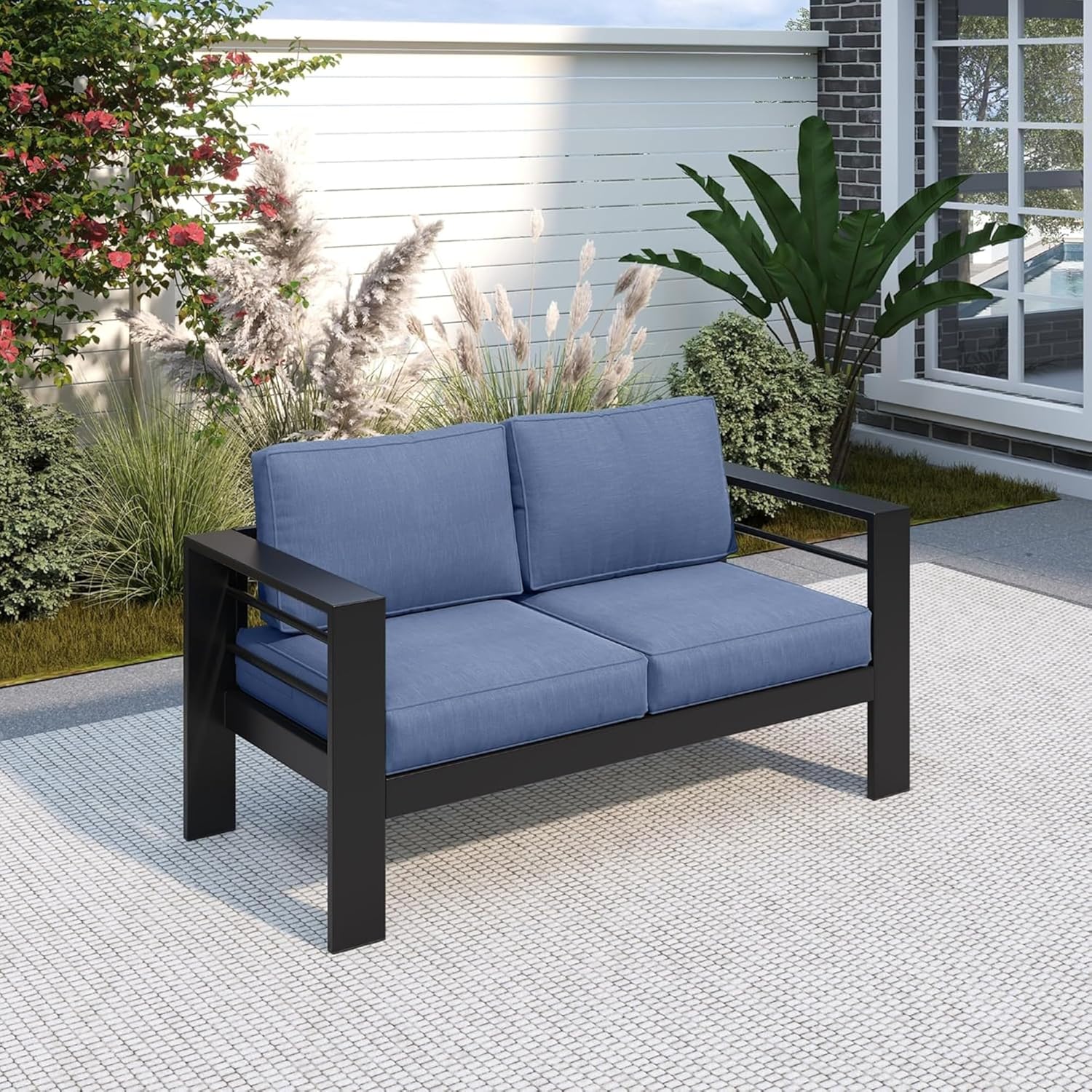 50" All-Weather Aluminum Patio Loveseat with Thick Blue Cushions & Black Frame