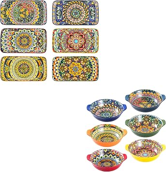 Henten Home Porcelain 10 Inch Dinner Plates Set of 6 & Ceramic Soup Bowls Set of 6, with Handle, Bohemian Style, Dishwasher & Microwave Safe