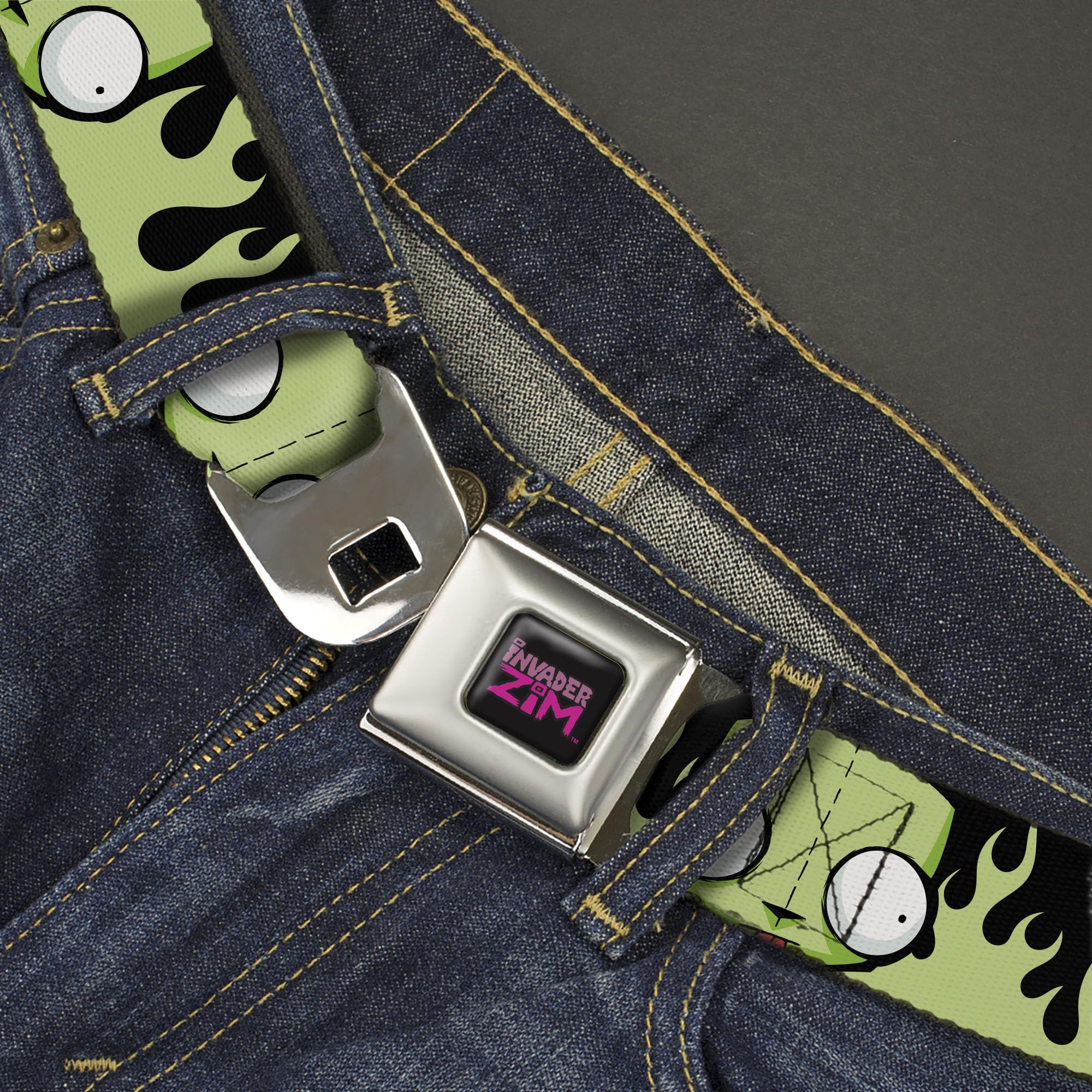 Nickelodeon Belt, Seatbelt Buckle Belt, Invader Zim Gir Face and Flames Black Green, Youth 20 to 36 Inches