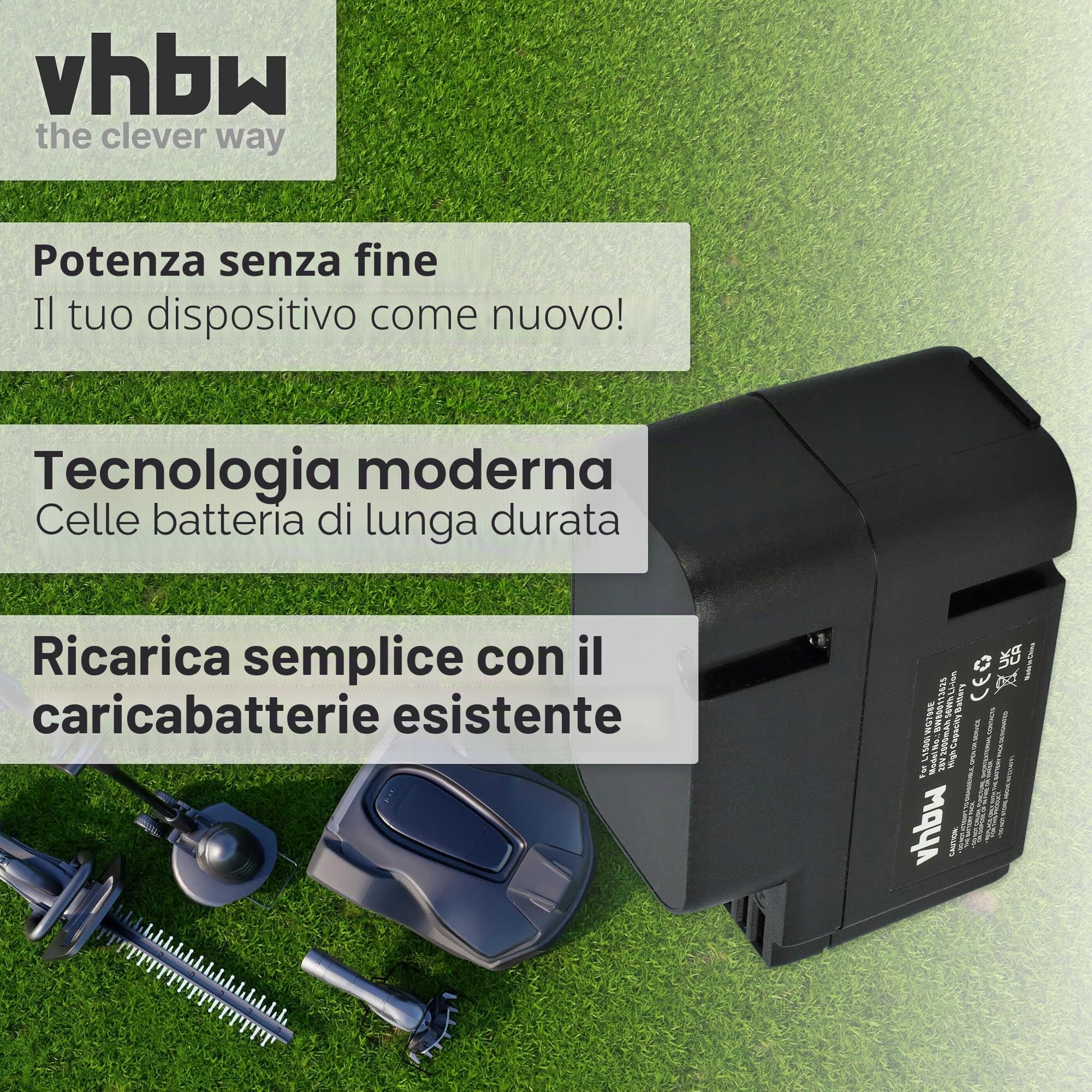 vhbw batteria compatibile con Worx Landroid L1500i WG798E,M 500B WG755E,M WG794E,M WG794EDC robot rasaerba - Sostituisce WA3225, WA3565 (Li-Ion 2Ah 28V)
