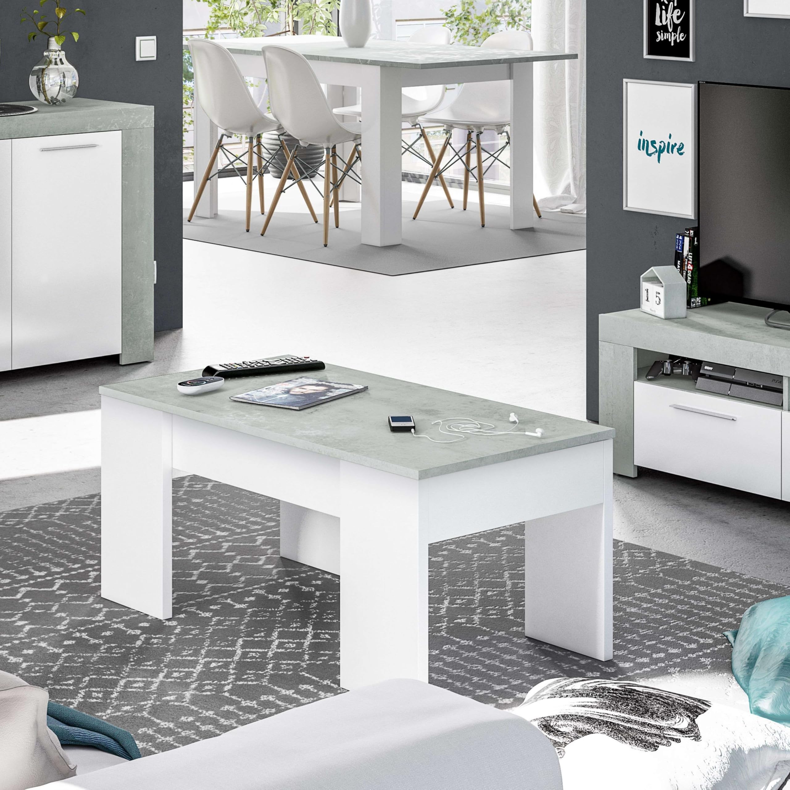 Mesa de Centro Elevable, Mesita de Salón o Comedor, Modelo LC, Acabado en Color Blanco Artik y Cemento, Medidas: 100 cm (Ancho) x 50 cm (Fondo) x 45-56 cm (Alto)