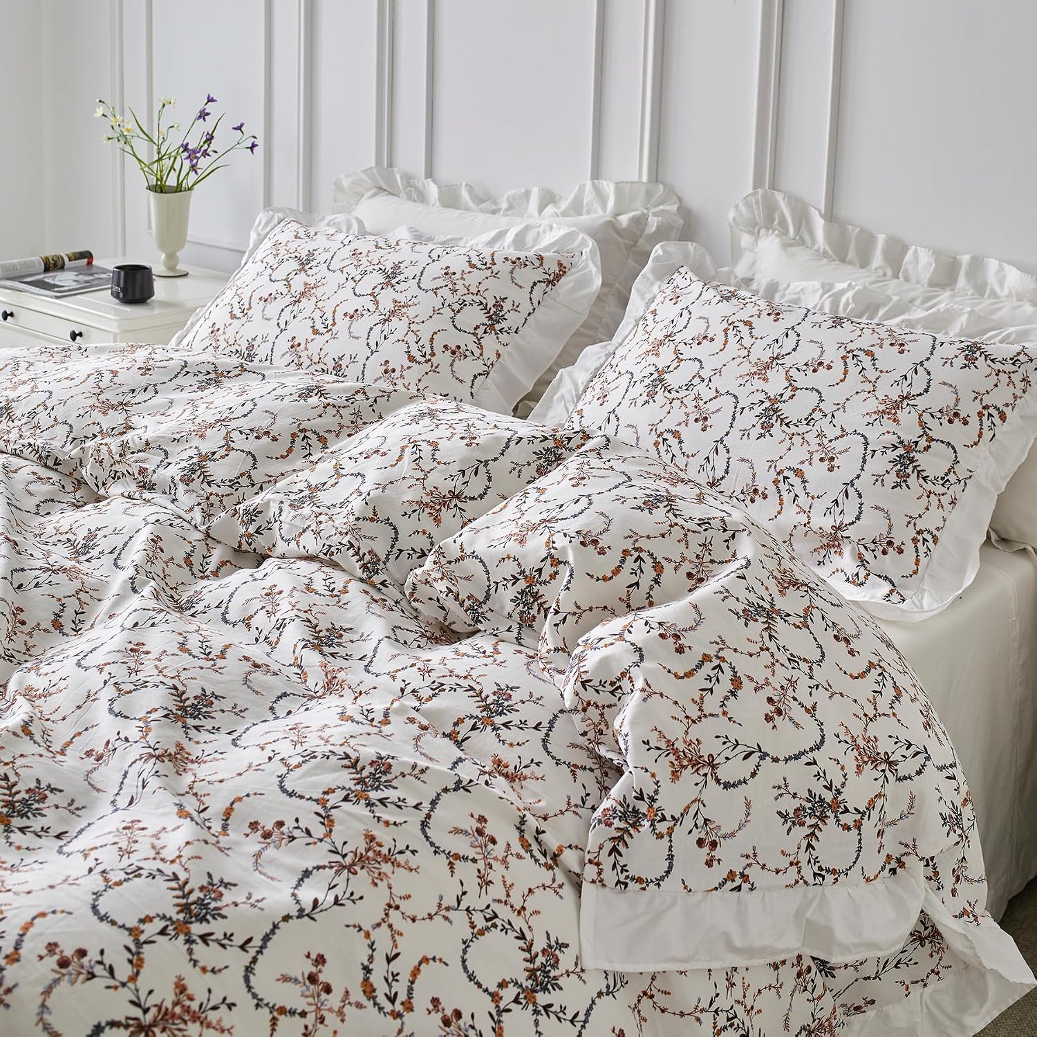 YuHeGuoJi Burnt Orange Botanical Duvet Cover King 100% Cotton 3 Pcs Set 1 Decorative Black White Ruffle Duvet Cover with Zipper Ties 2 Pillow Shams Vintage Boho Floral Bedding Set Soft