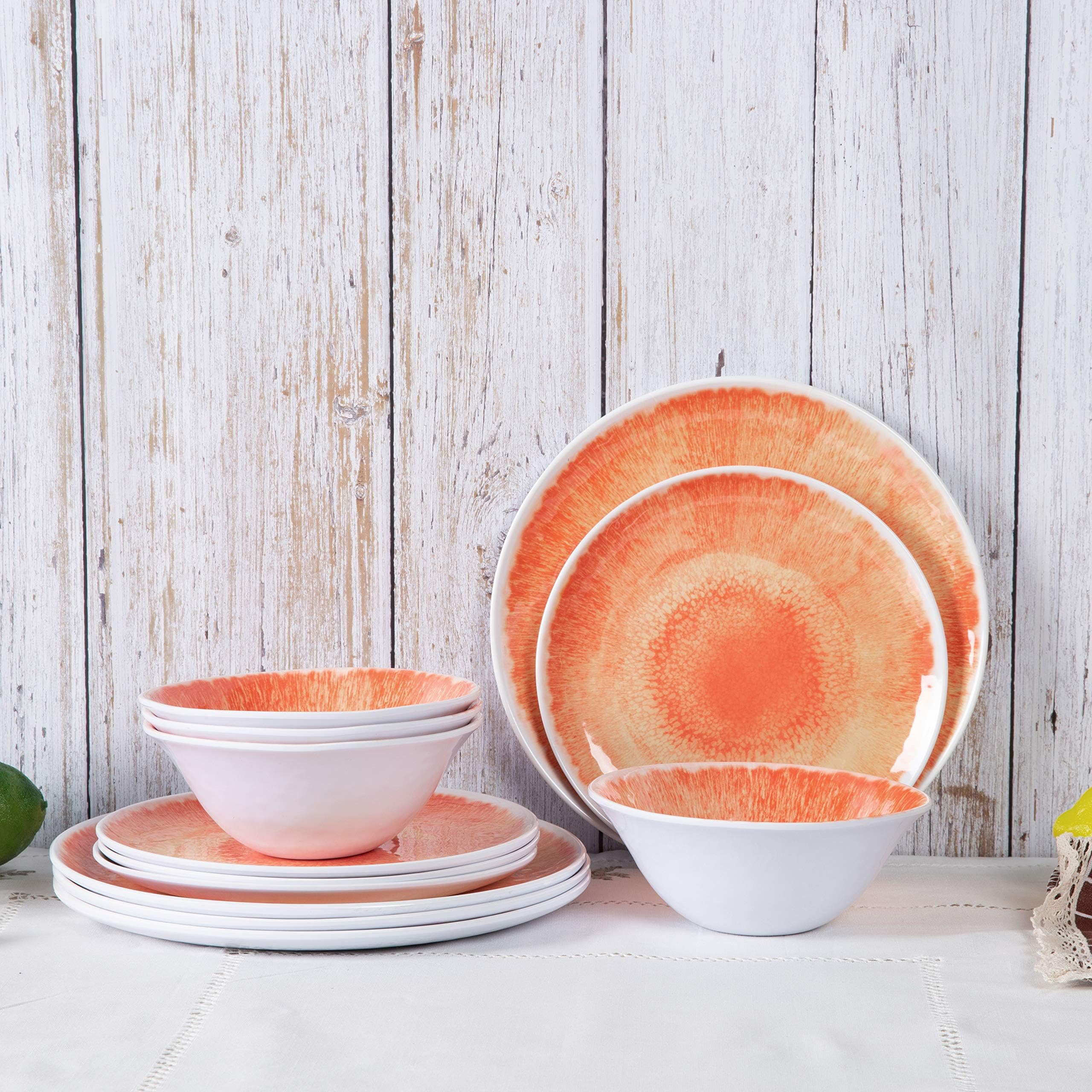 Dishes Dinnerware Set - 12pcs Melamine Dinnerware Plates Set for Everyday Use, Dishwasher safe, Service for 4, Orange