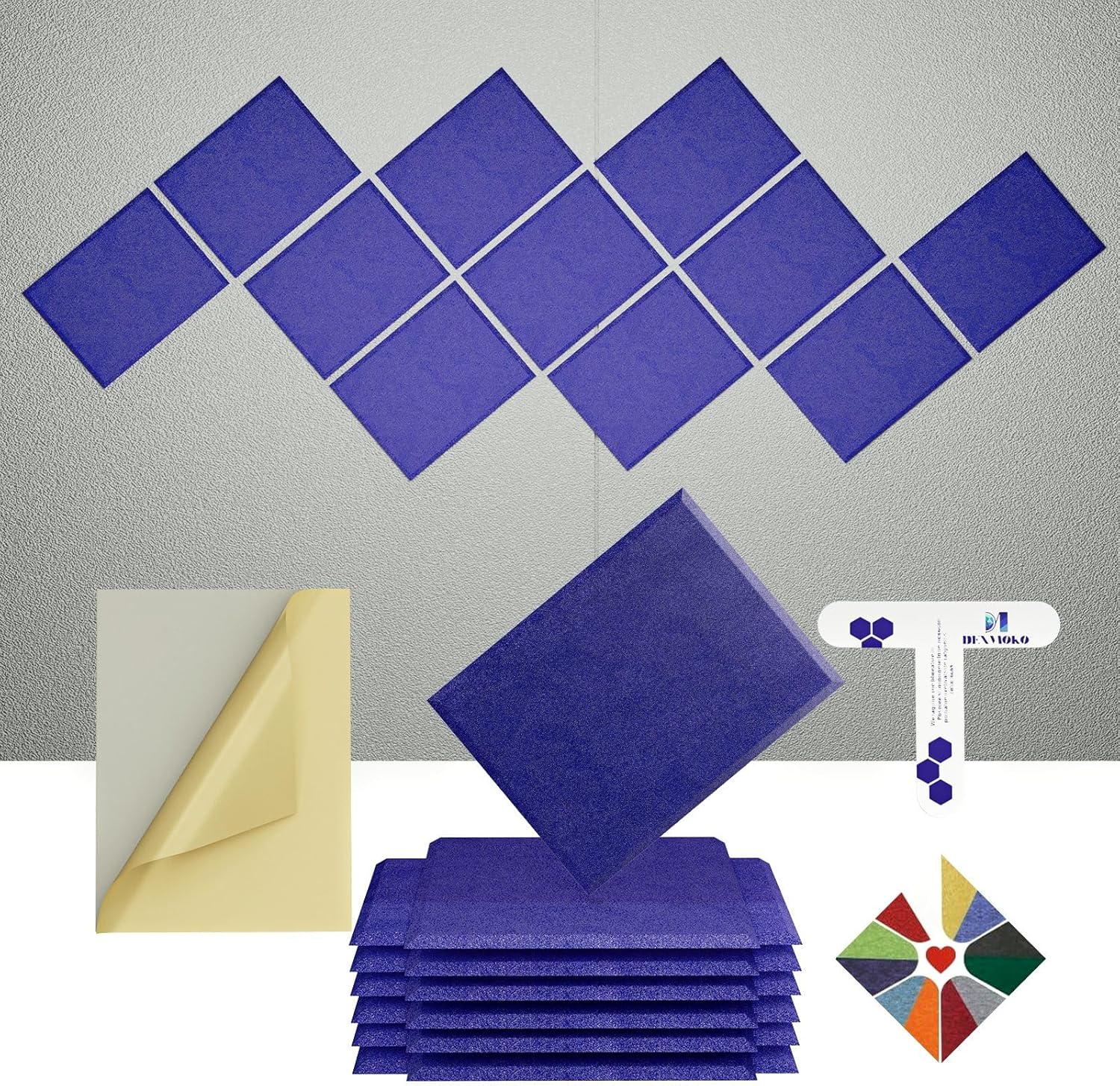 Self-Adhesive Acoustic Panels [390 lbs/yd³ Ultra-High Density], 2nd Generation Sound Absorbing Panel, Professional Level Sound Panel, Polyester Soundproof Foam [Rectangle, Klein Blue]