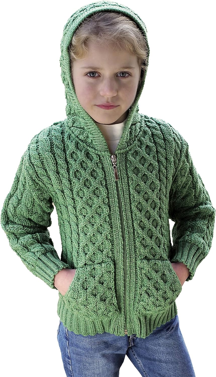 Aran Crafts Kid's Irish Cable Knitted Hooded Zip Cardigan (100% Merino Wool)