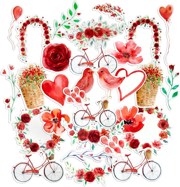 Navy Peony Red Heart and Rose Valentine Stickers | Waterproof Decals for Laptops | Stickers for Scrapbook and Journal (28pcs)