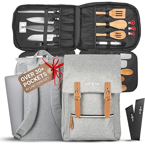 Chef Knife Bag Vintage Backpack | 30+ Pockets for Knives and Chef Tools | Knife Carrying Case with Hidden Back Pocket for Tablet | Sturdy Knife Bag for Chefs & Culinary Students (Heather Grey)