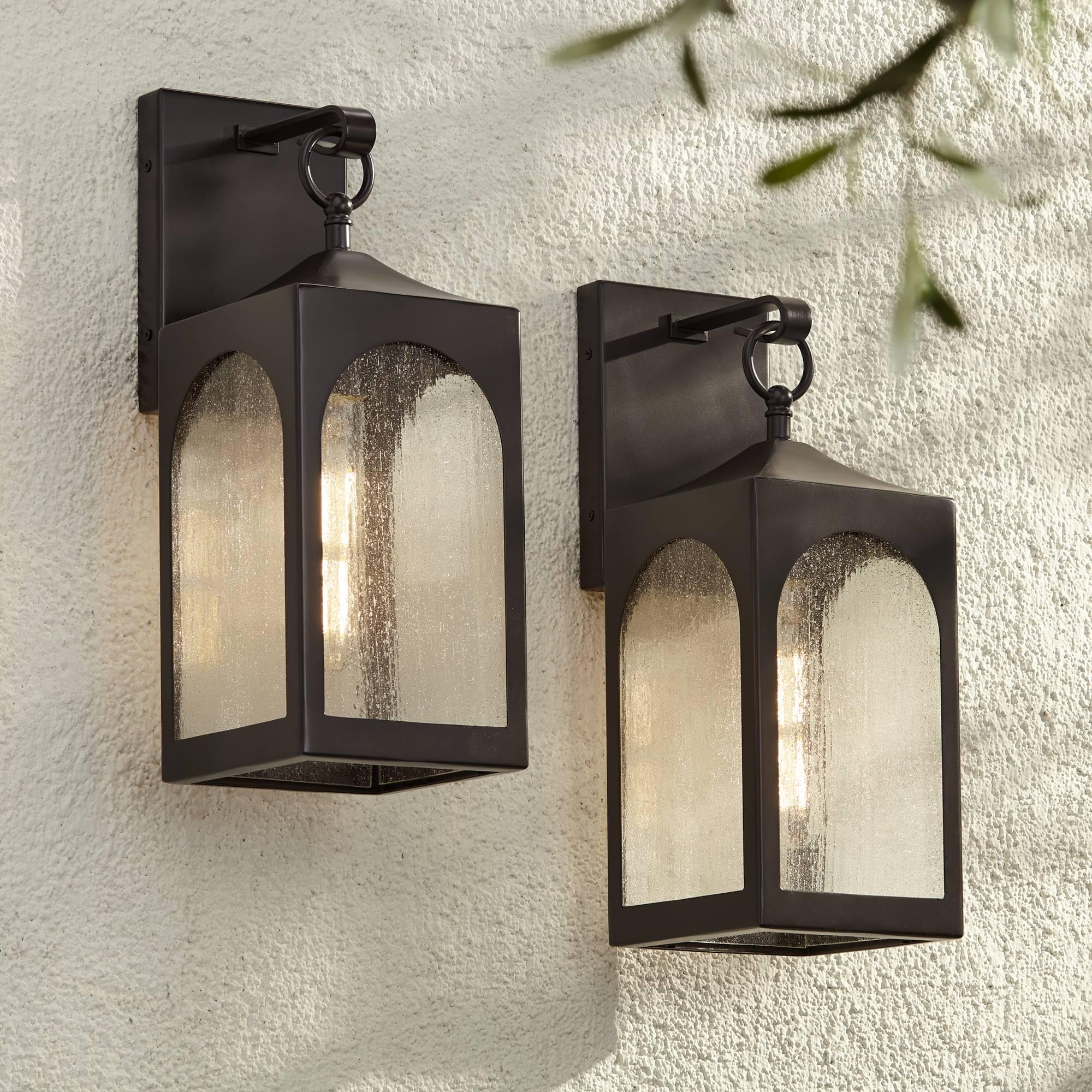 Tyne Modern Outdoor Wall Light Fixtures Set of 2 Bronze Metal Lantern Frame 16 1/2" Seedy Glass Panels for Post Exterior Barn Deck House Porch Yard Patio Garage Garden Outside