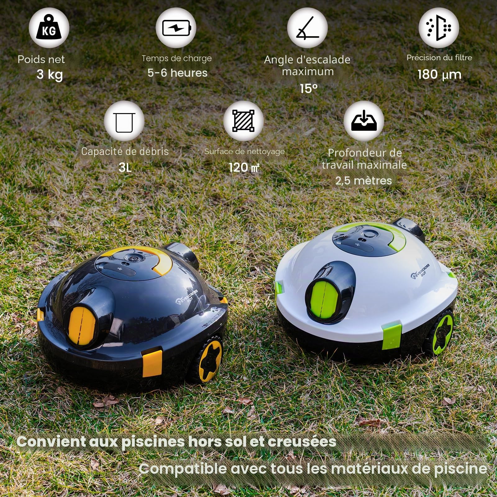 (2026 Nouveau) EVERCROSS BOT Robot Piscine sans Fil - Autonomie 100 Min, Aspirateur de Piscine Automatique pour Fond, Double Moteur 40W, pour Piscines jusqu'à 120㎡, Bac à Débris 3L, IPX8