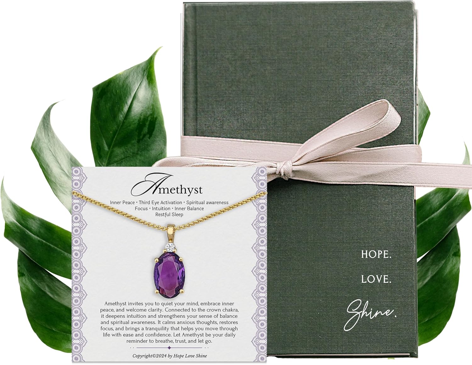 HOPE LOVE SHINE Amethyst Necklace Gift for Women - February Birthstone Jewelry - 18K Gold Plated Spiritual Pendant - Elegant Women's Jewelry Gift for Birthday, Anniversary & More (18+2-inch) - Image 6