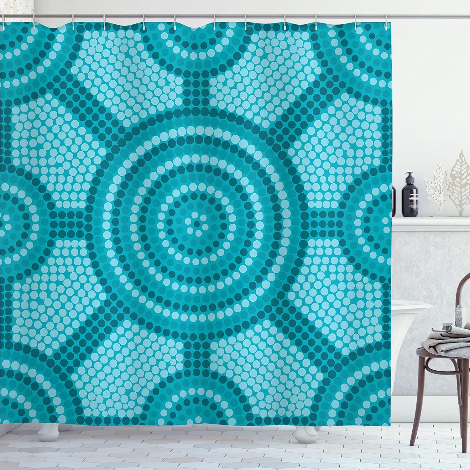 Ambesonne Teal Shower Curtain, Abstract Aboriginal Dot Painting Native Prehistoric Cultural Art in Australia, Cloth Fabric Bathroom Decor Set with Hooks, 69" W x 70" L, Teal