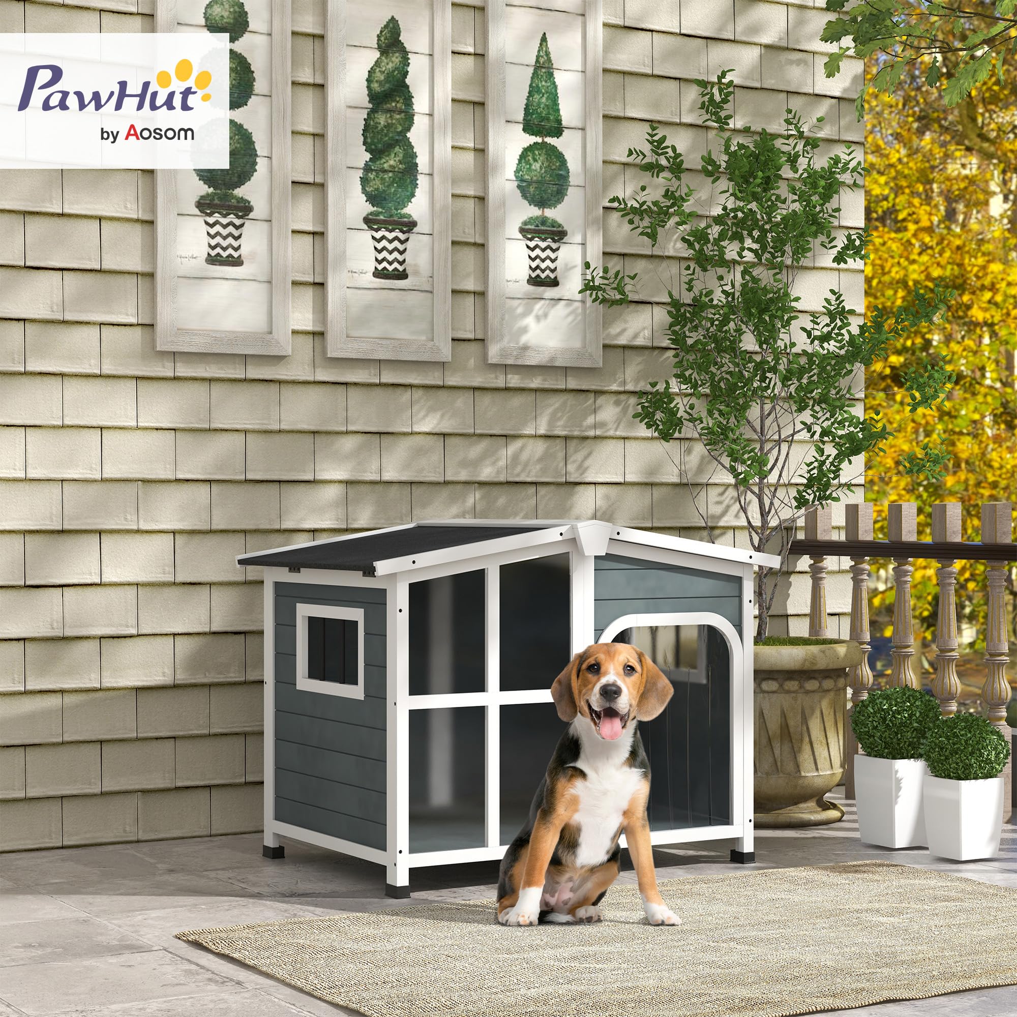 PawHut Caseta para Perros de Madera, Casa para Perros Pequeños, con Techo Abatible, Puerta con Cortina, Fondo Desmontable, y Frontal de Acrílico 101x66,5x70,5 cm Gris Oscuro