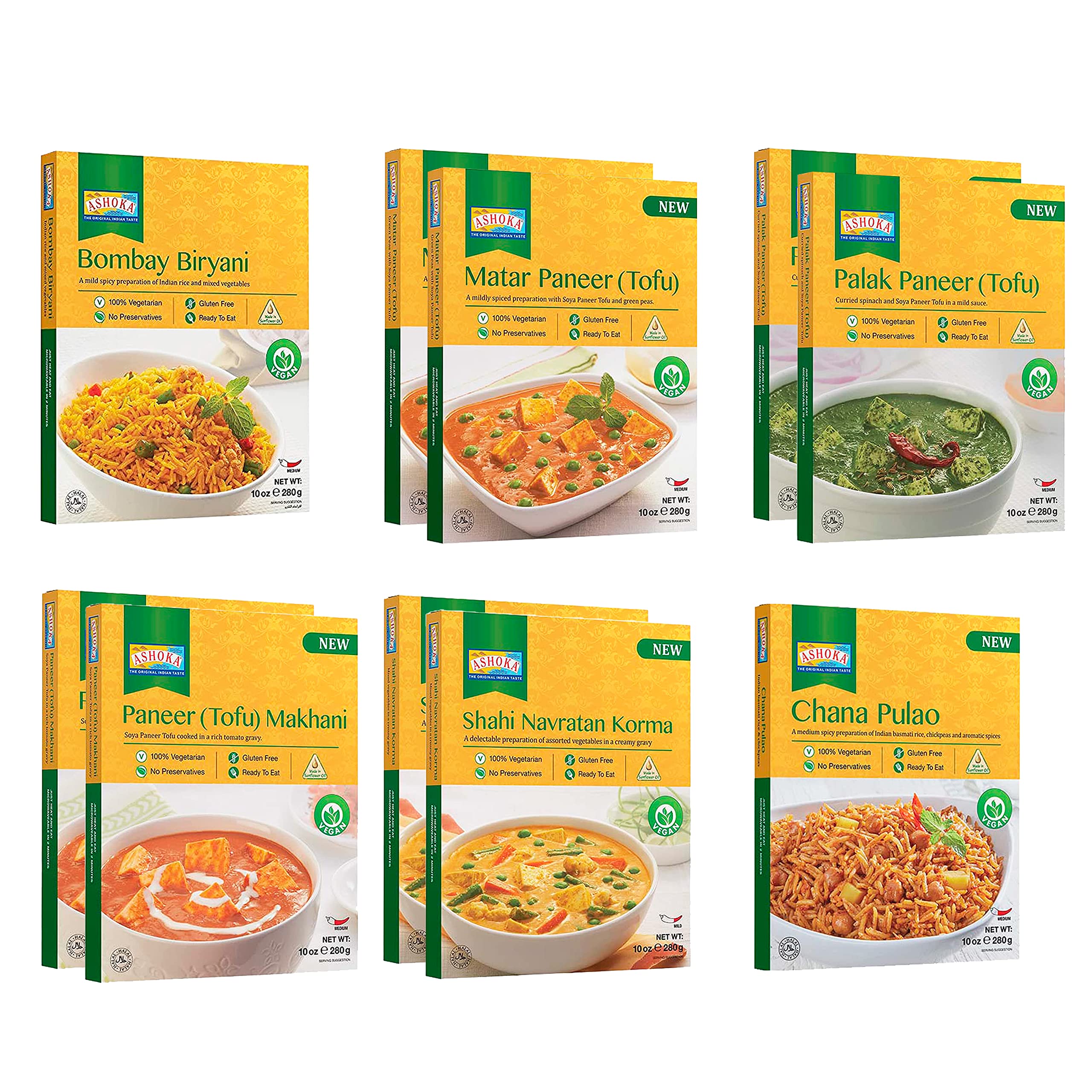 Ashoka 1932 Gluten-Free Meal Kits, Vegan Tofu Paneer Assortment, All-Natural Variety Pack, Heat & Eat Travel Friendly Meals, Authentic Indian Food with No Preservatives, Pack of 10