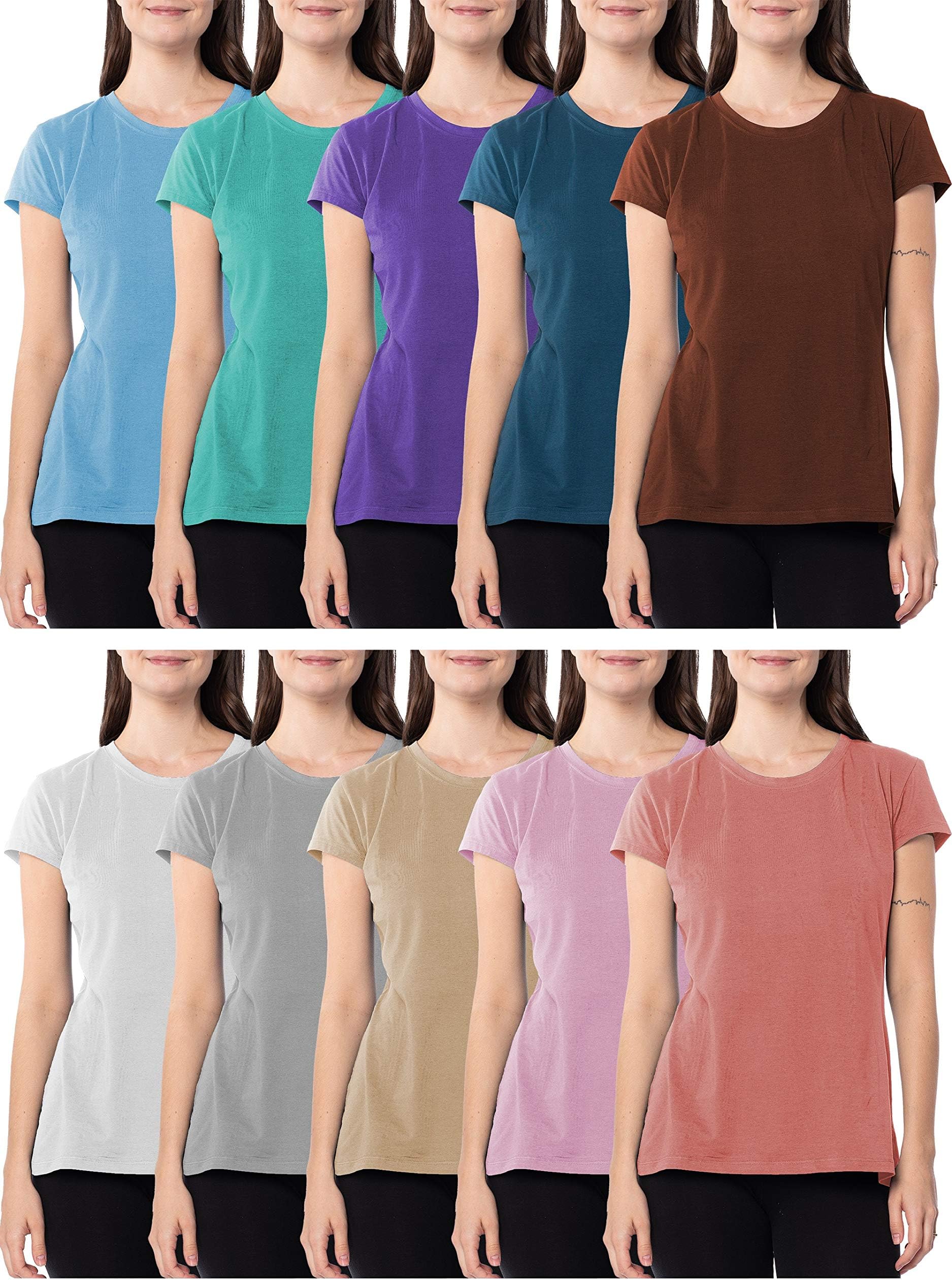 Sexy BasicsWomen's 5 Pack & 10 Pack Casual & Active Basic Cotton Stretch Color T Shirts