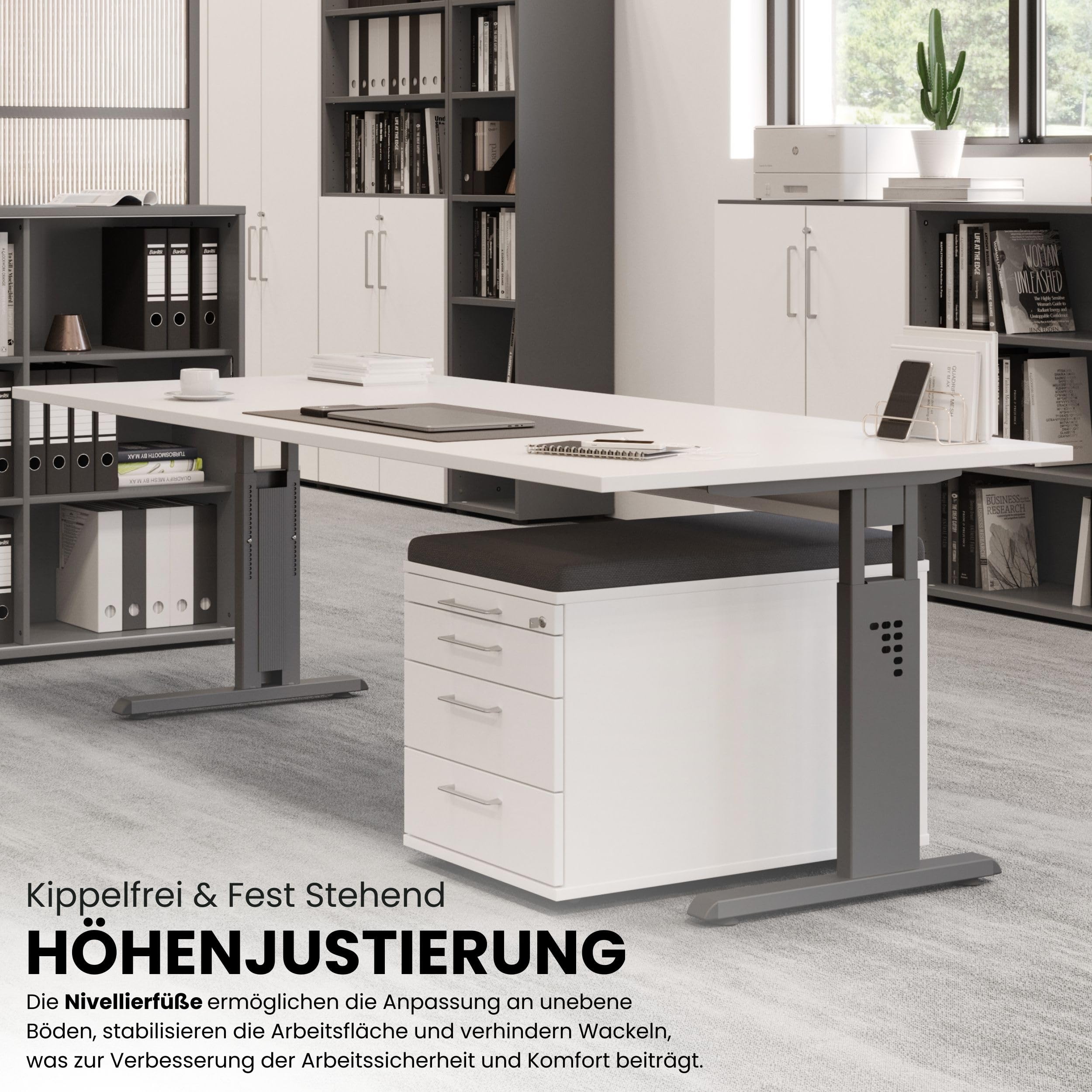 Bümö höhenverstellbarer Schreibtisch O-Serie 160x80 cm in grau, Gestell in Silber - PC Tisch für's Büro manuell höhenverstellbar, Computertisch verstellbar