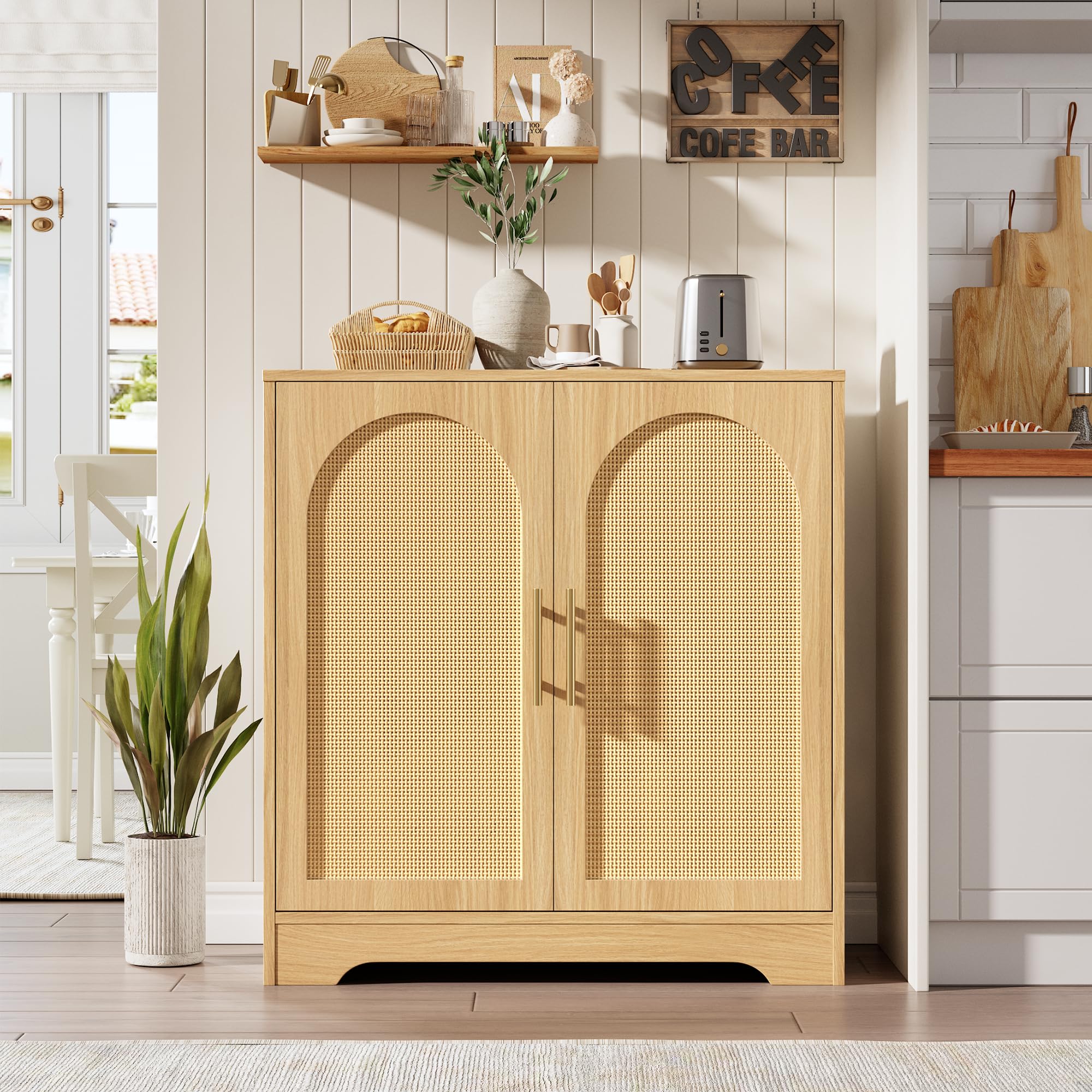 Garvee Buffet en Rotin, Meuble de Rangement Moderne Haut 76 cm avec 2 Portes, Console, Buffet d'appoint pour Salon, Salle à Manger, Entrée