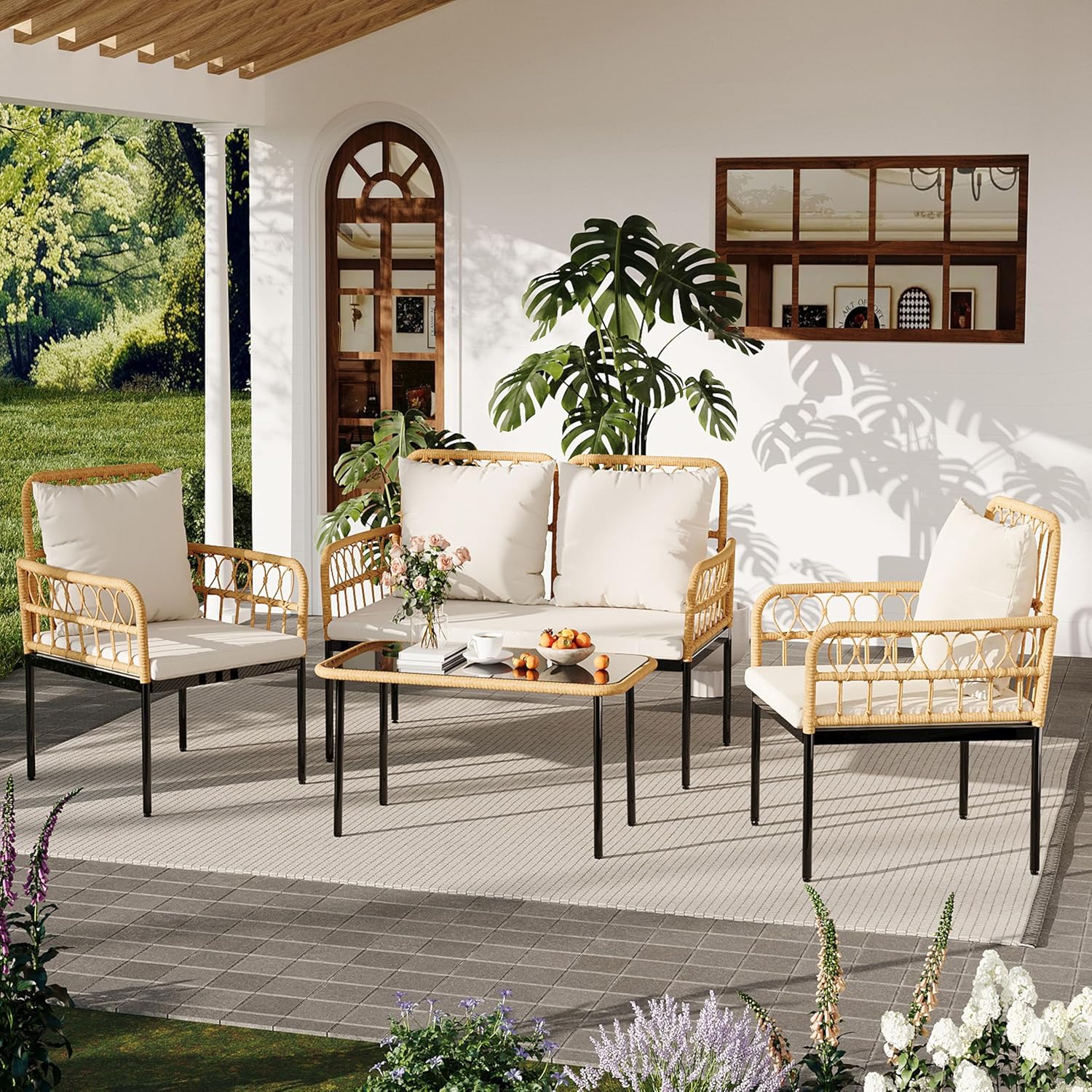 4 Pieces Outdoor Patio Furniture Set with Table - Rattan Balcony Furniture for Porch or Deck, Includes Chaise Lounge, 2 Armchairs with Cushions and Pillows for Porch Backyard Lawn Poolside Deck, Beige