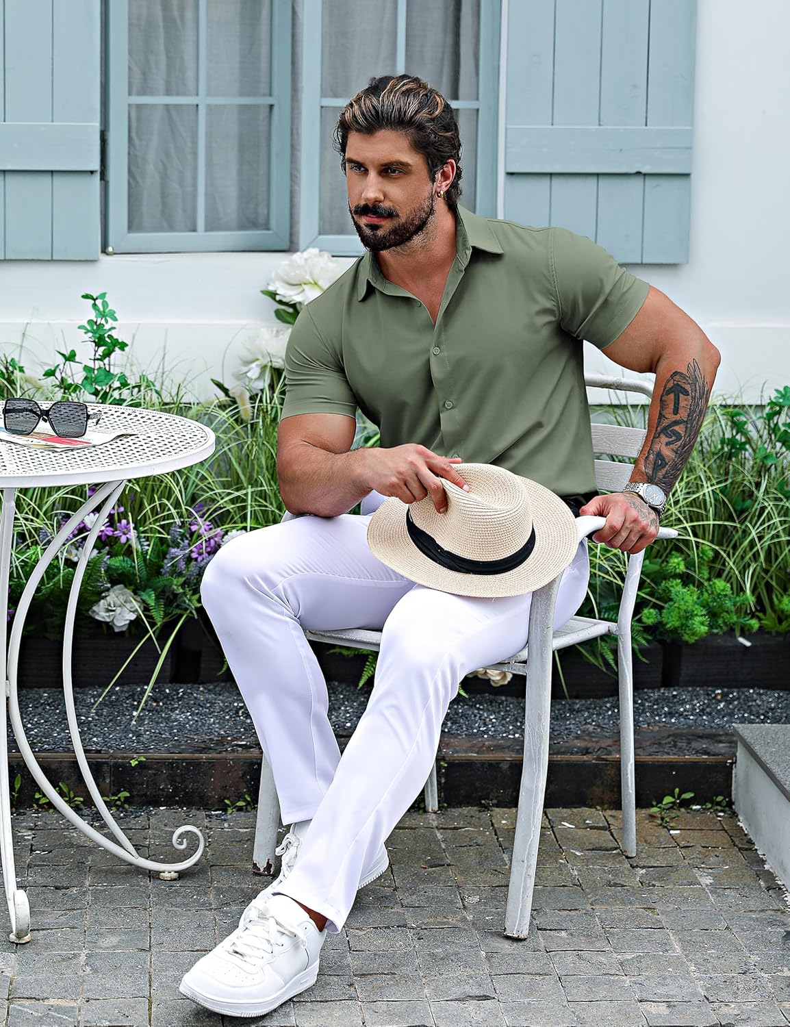 URRU Men's Muscle Dress Shirts Slim Fit Stretch Short Sleeve Casual Button Down Shirts for Men - Image 4