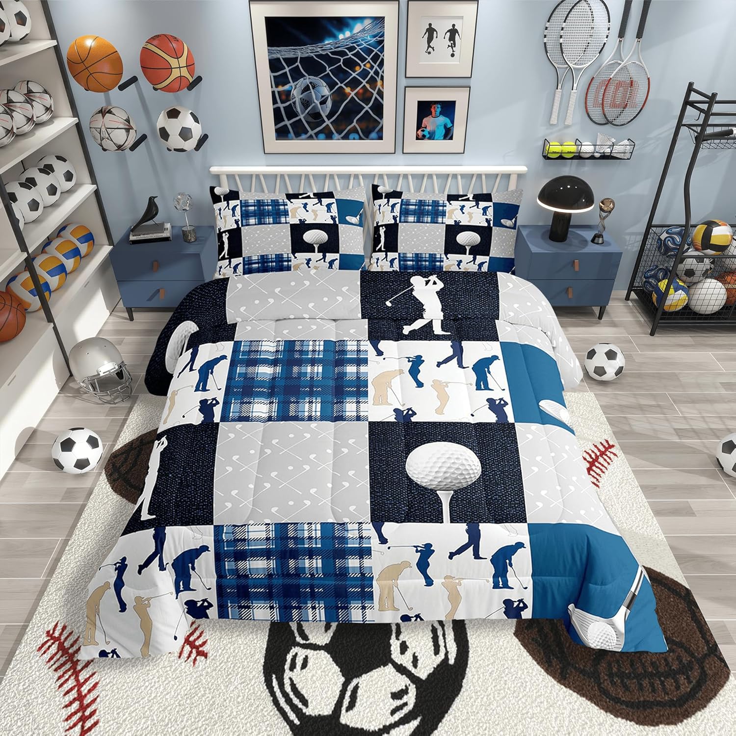 Castle Fairy Ball Sports Comforter Set King Size,Golf Themed Lover Style Bedding Set All Season Quilt Set,Blue Buffalo Grid Geometric Microfiber Polyester Down Comforter
