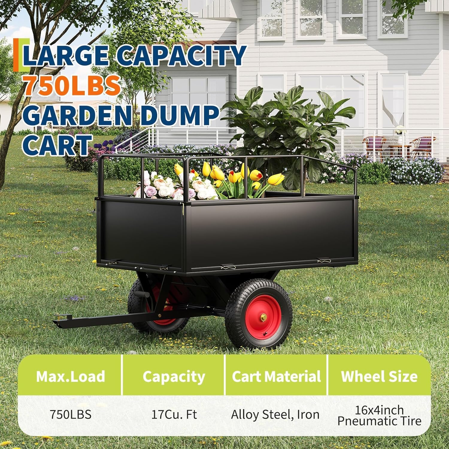 ATV Trailer Tow Behind Steel Dump Cart, 750 lbs 17 Cubic Feet Heavy Duty Yard Garden Trailer with Removable Sides & All Terrain Tires, Fits Lawn Mower, Tractor, Garden Cart, Black