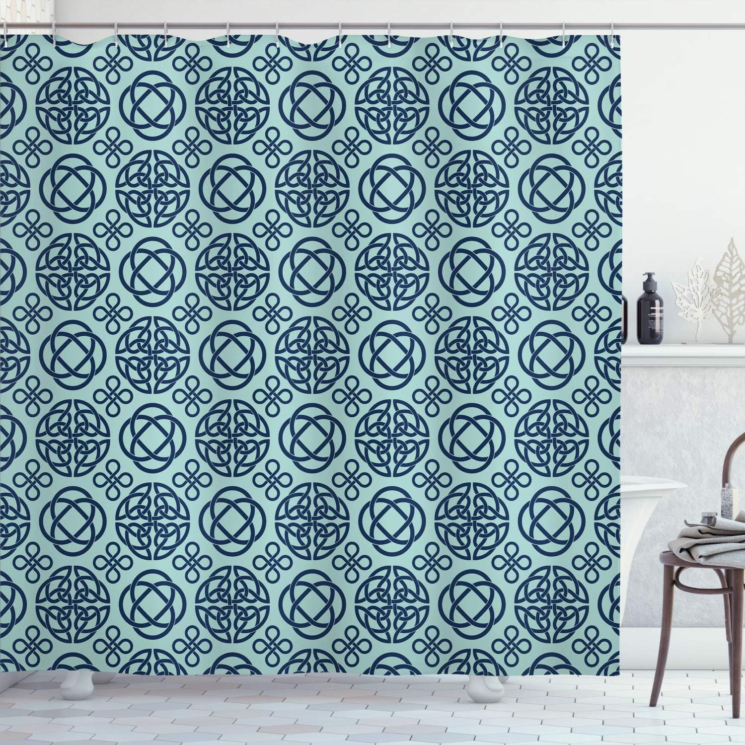 Ambesonne Celtic Shower Curtain, Retro Tribal Circle Knots Eternity Forms Pattern Boho Ireland Irish Floral Artwork, Cloth Fabric Bathroom Decor Set with Hooks, 75" Long, Quartz