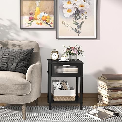 Miniatura 2 de Mesita de noche de madera con cajón, mesita de noche negra, estilo moderno, mesa auxiliar pequeña con estante de almacenamiento para dormitorio,