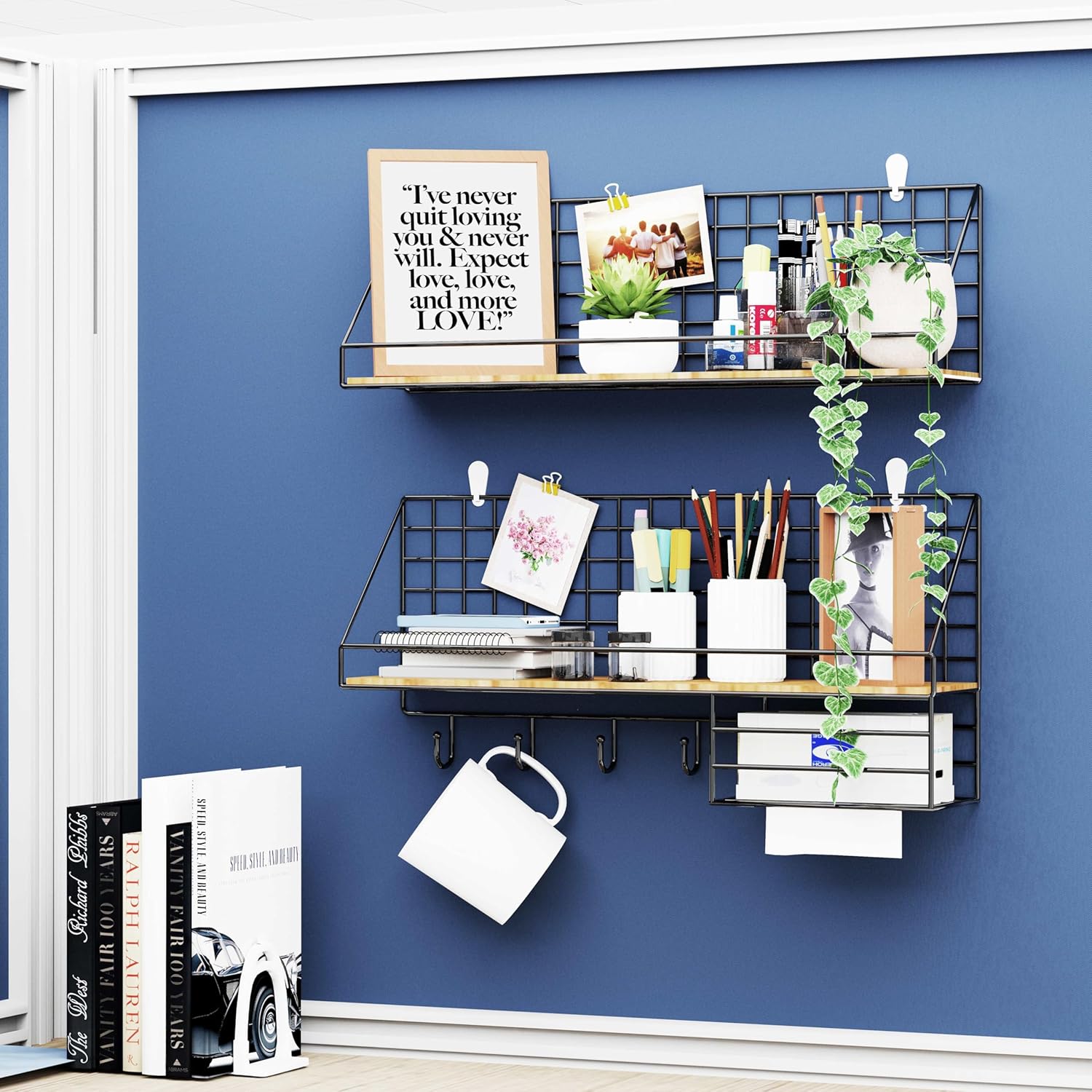 Combined Metal Shelf Wall-Mounted Storage Rack Utility,Hooks Wall Organizer Storage Display Tray Accessories for Craft Room Home Office Bathroom Kitchen (Black, 2PCS Hook Tissue Box Holder (L+L))