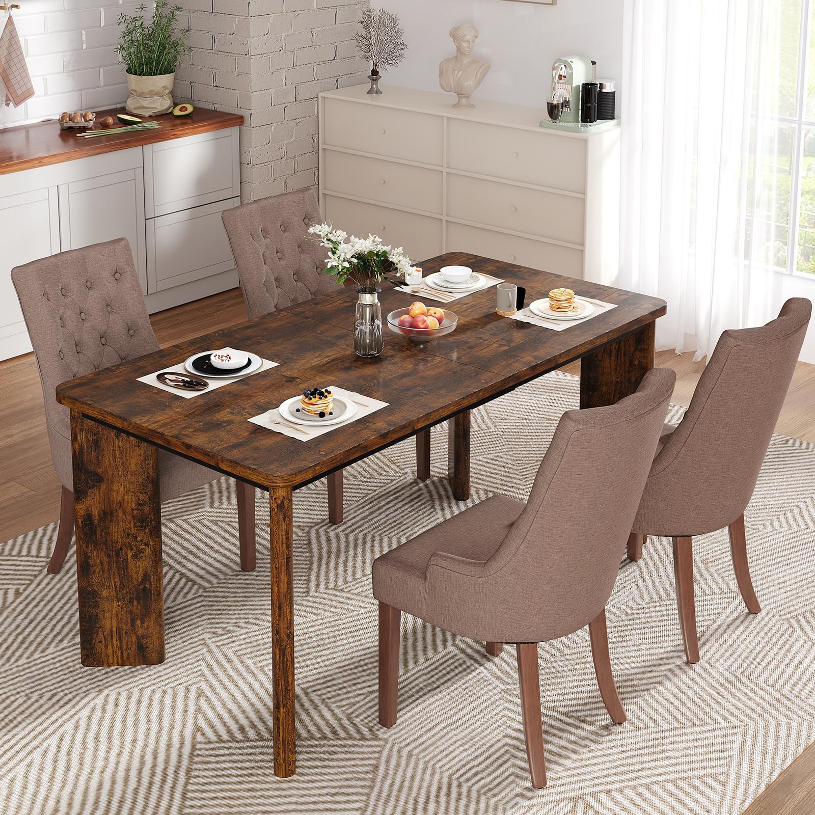 MALOL 5-Piece Rectangular Dining Table Set for 4, 63" Industrial Kitchen Table with 4 Tufted Parsons Dinner Chairs for Dining Room, Kitchen, Living Room, Brown+Camel