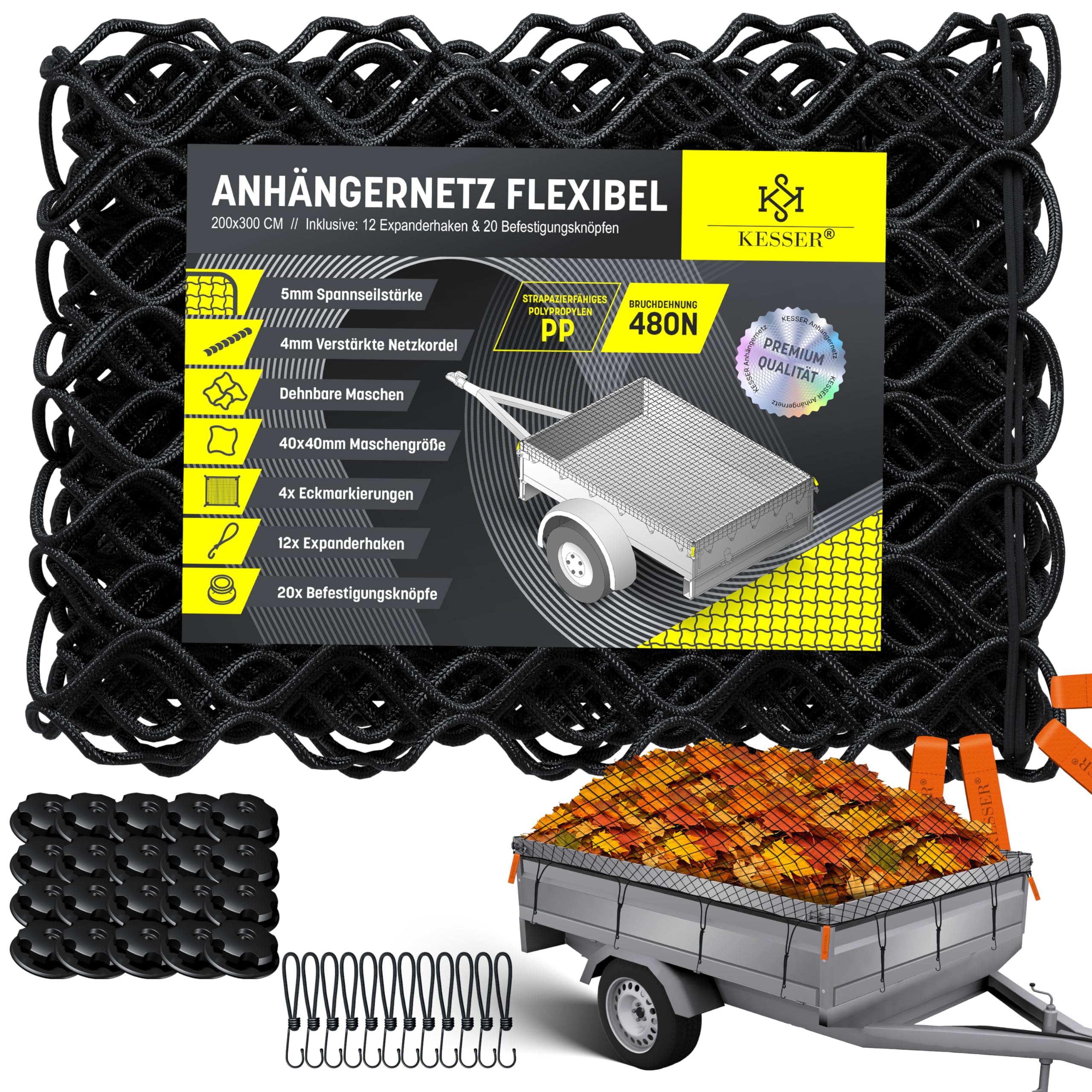 KESSER® Anhängernetz 2x3m Dehnbar feinmaschig | Hängernetz mit Spannseil & Netzkordel für Ladungssicherung elastisches Sicherungs-Netz Eckmarkierungen Expander-Haken & Befestigungsknöpfen Schwarz