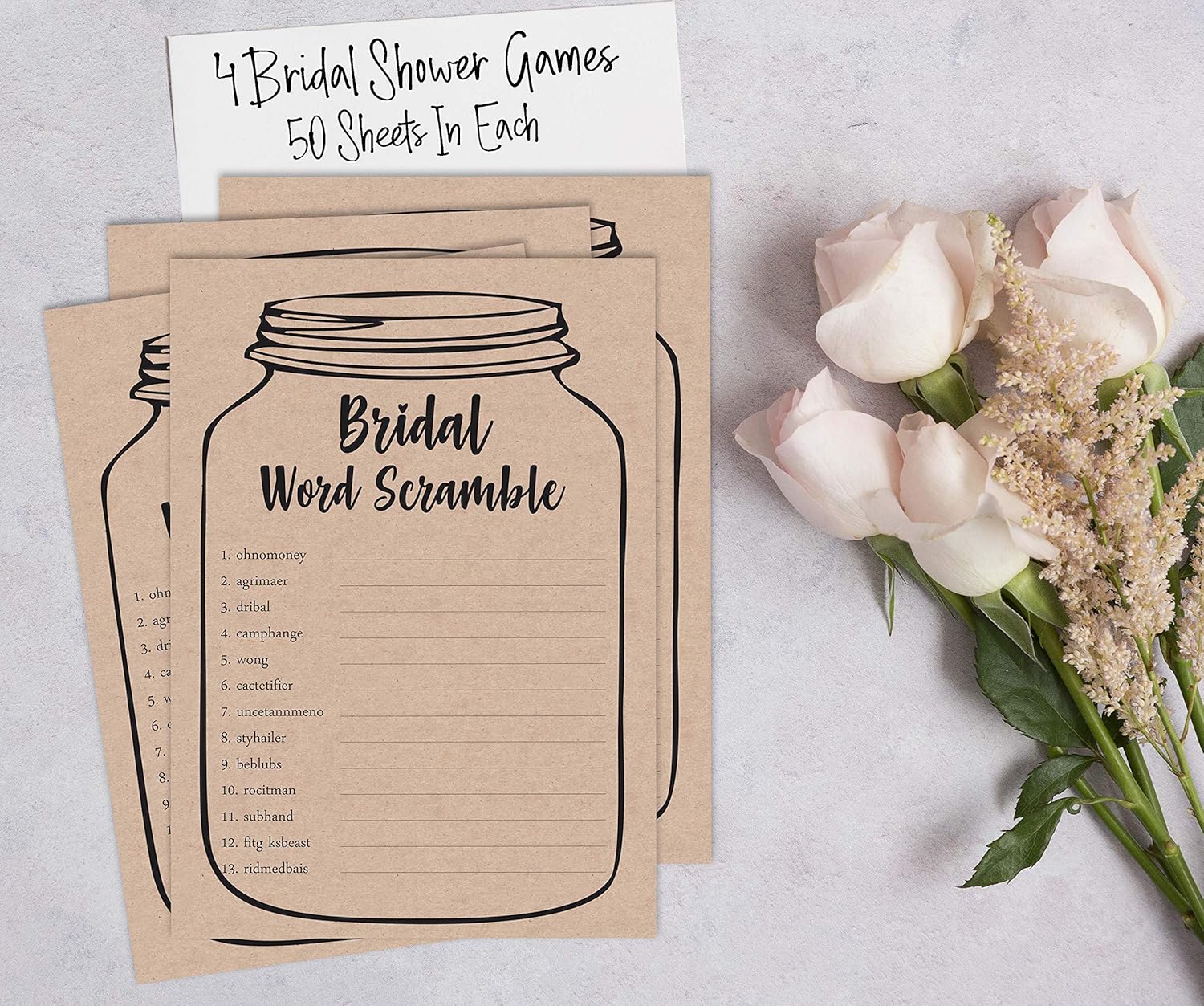 Rustic Kraft Mason Jar Bridal Shower Games Set of 4(50 Sheets Each) Fun Bachelorette Party Games Set Bundle