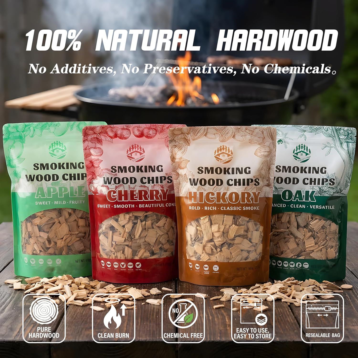 Smoking Wood Chips Variety Pack – Apple, Cherry, Hickory & Oak, 4 Flavors, 1.6 lb Each, Wood Chips for Smoker, All-Natural Hardwood Wood Chips, Smoker Wood Chips for BBQ, Gas & Charcoal Grills