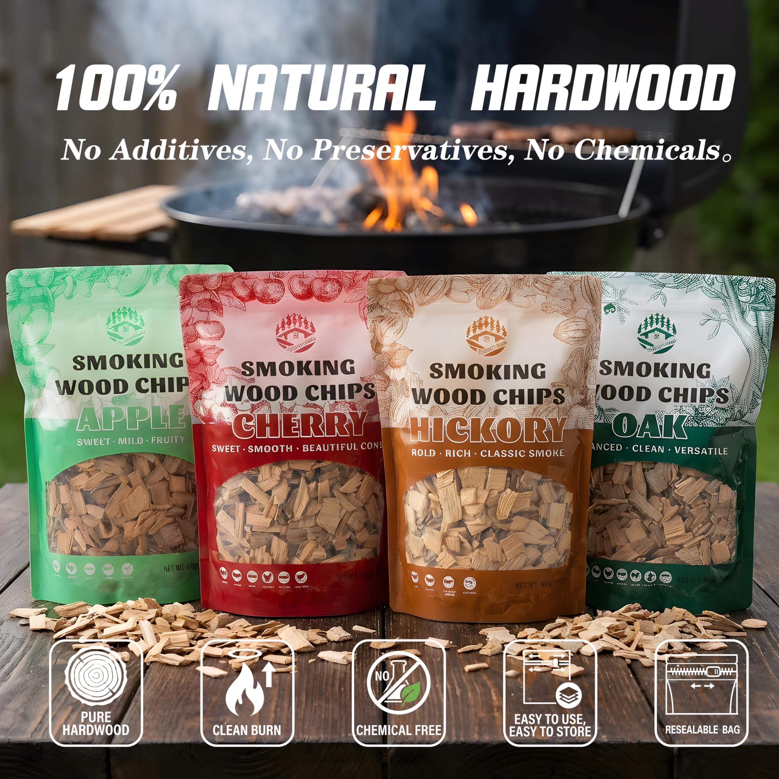 BBQ Holzspäne für Smoker Variety Pack, 4 Geschmacksrichtungen: Apfel, Eiche, Hickory & Kirsche, 0,7 kg pro Beutel, natürliche Räucherholzspäne für BBQ, Grillen, Gas- & Holzkohlegrill, Kochen im Freien