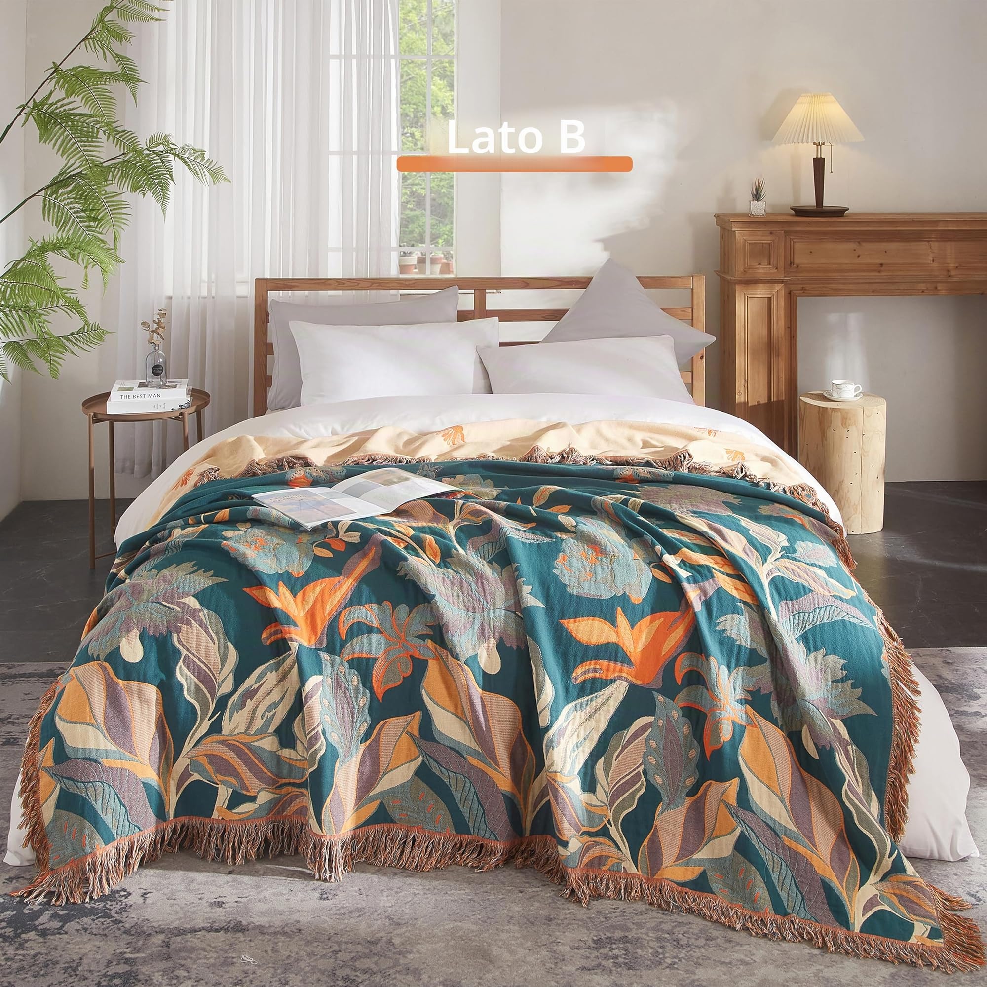 SE SOFTEXLY Coperta boho 100% cotone - copriletto in mussola double-face 230x250cm, coperta patchwork, accogliente coperta da divano e copriletto, arancione/verde