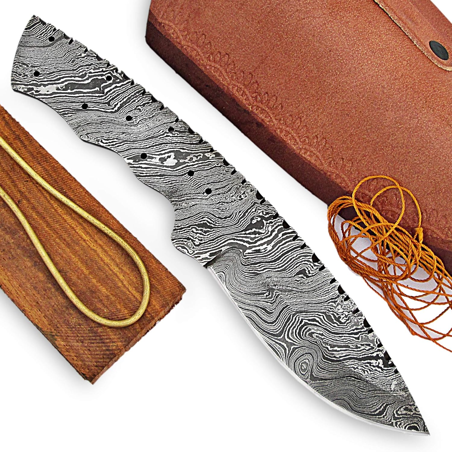 ColdLand 9.00" Hand Forged Damascus Steel Knife Blank Blade Knife Kit for Making Supplies with Wood Handle Scales, and Unstitched Leather Sheath UK26
