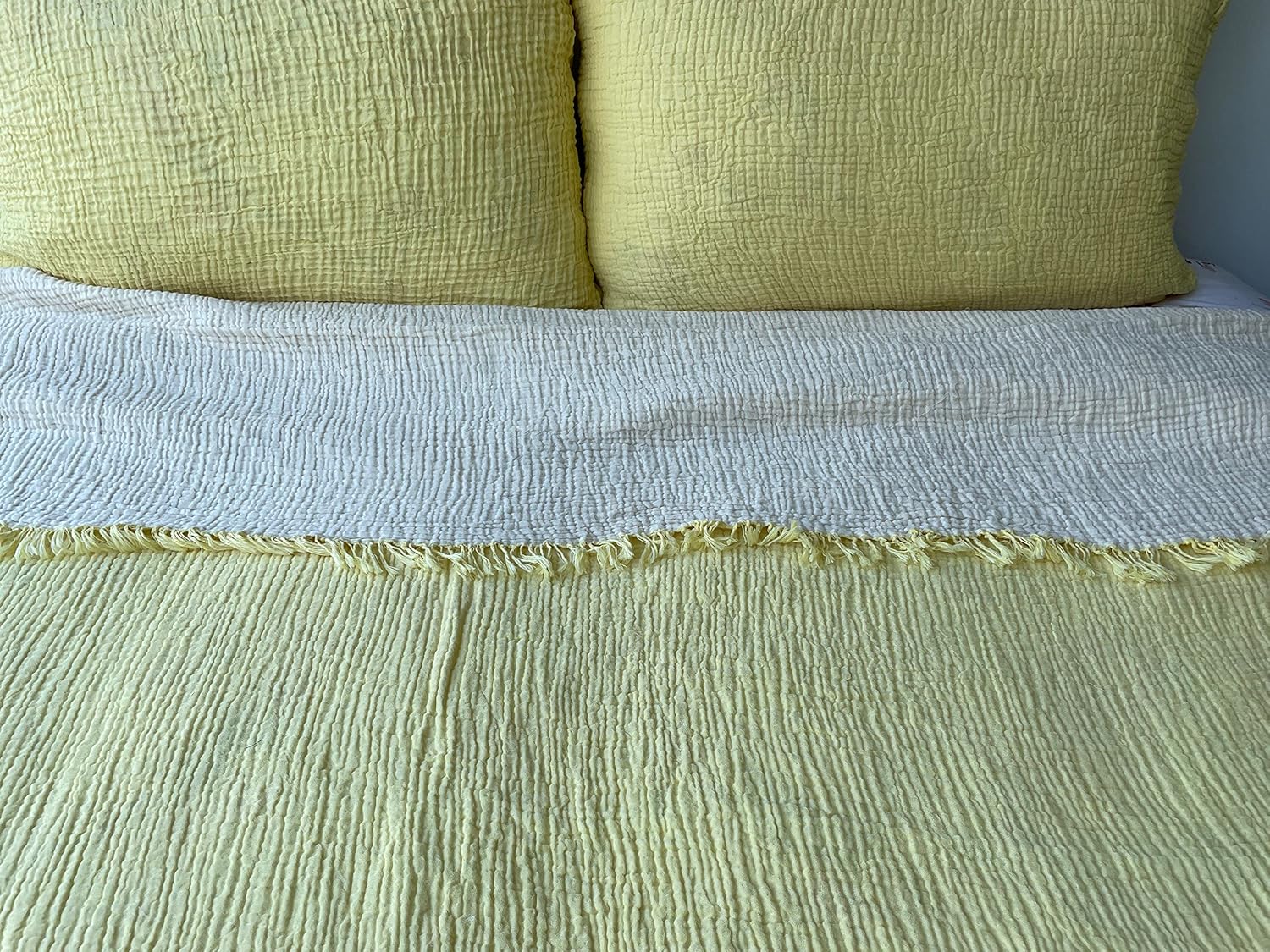 DEKADRON 100% Cotton Muslin Throw Blanket, 4 Layers Bedspread, Soft Turkish Cotton Muslin Bed Cover, Reversible Coverlet, Yellow (Two Pillowcase 20x30)