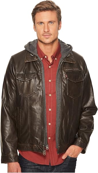 Levis Faux-Leather Trucker with Jersey Hood and Fleece Lining Dark Brown